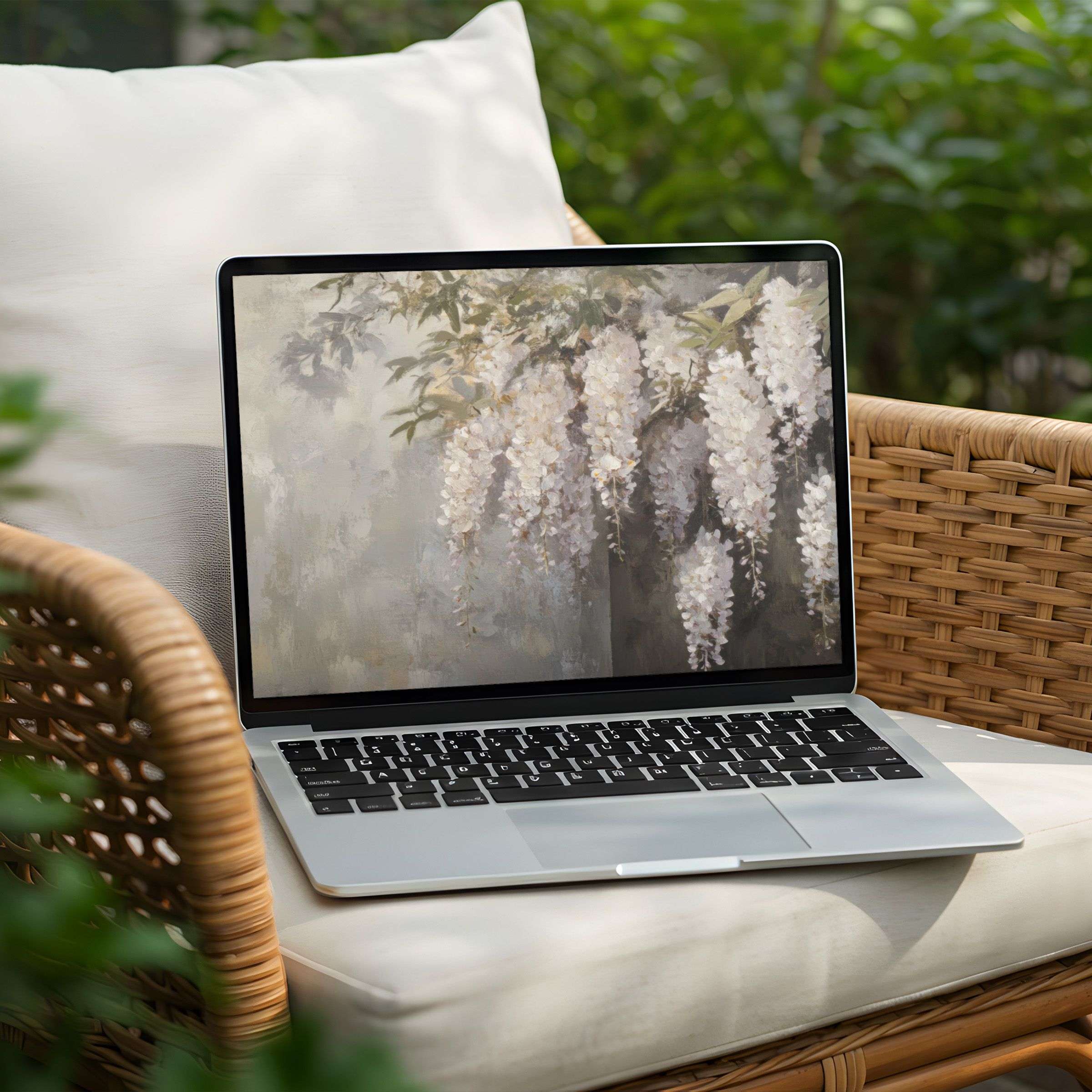 Serene desktop background featuring lush white flowers on a Laptop for instant download offering calm elegance to your PC workspace