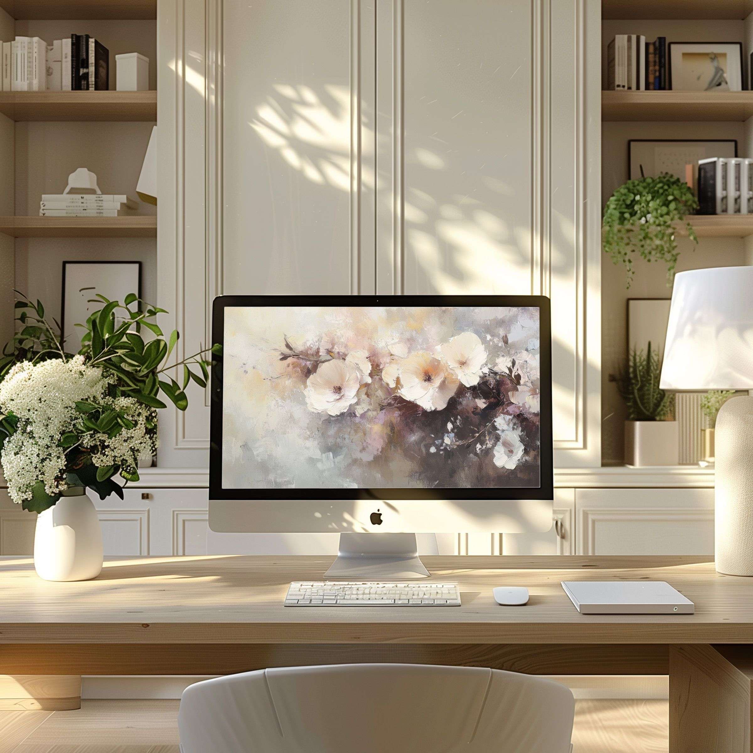 Elegant floral artwork as wallpaper for computer exudes calm, fitting PC and laptop screens, enhancing modern home office inspiration