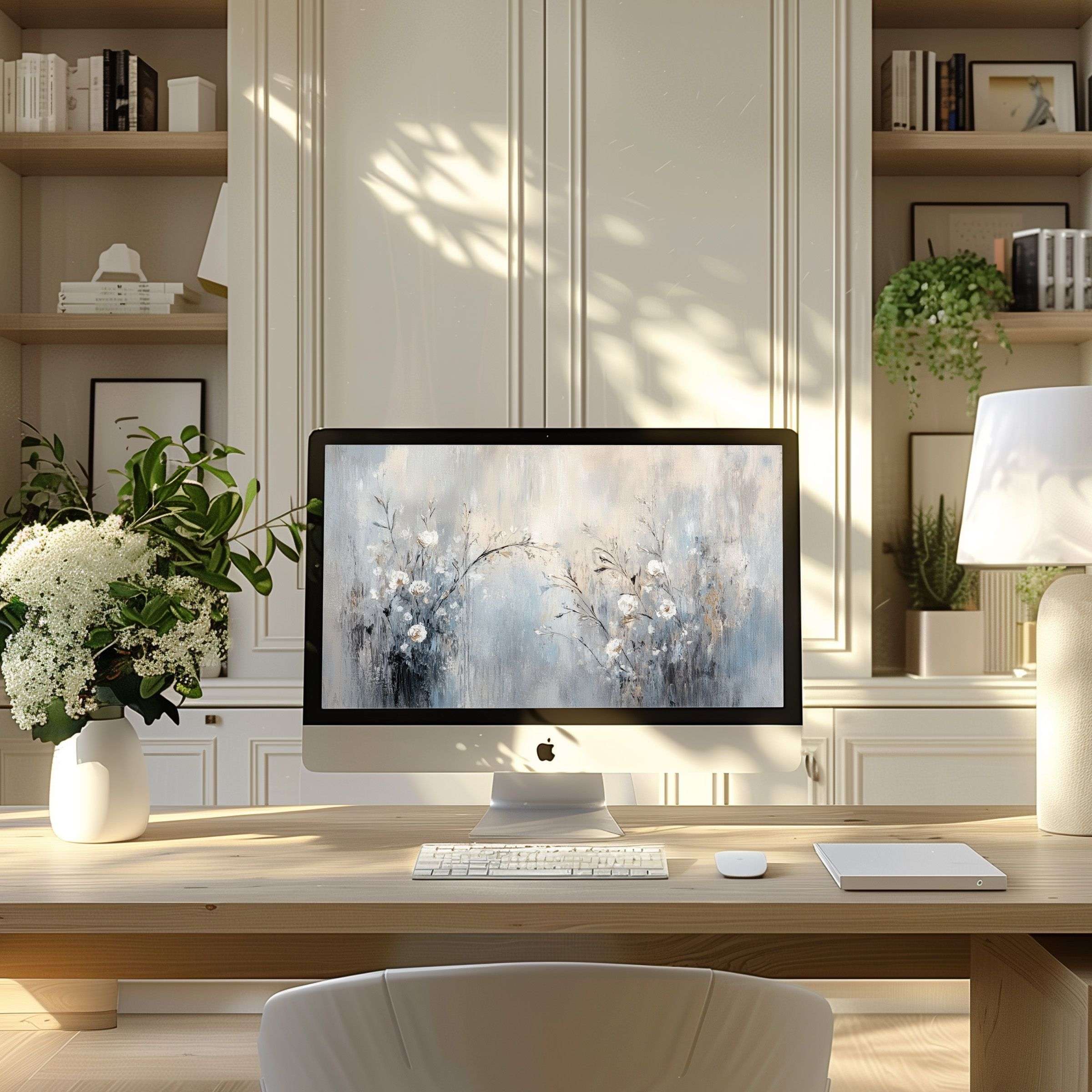 Serene floral digital art as wallpaper for computer, PC, and laptop enhances modern home office with elegance and inspiration