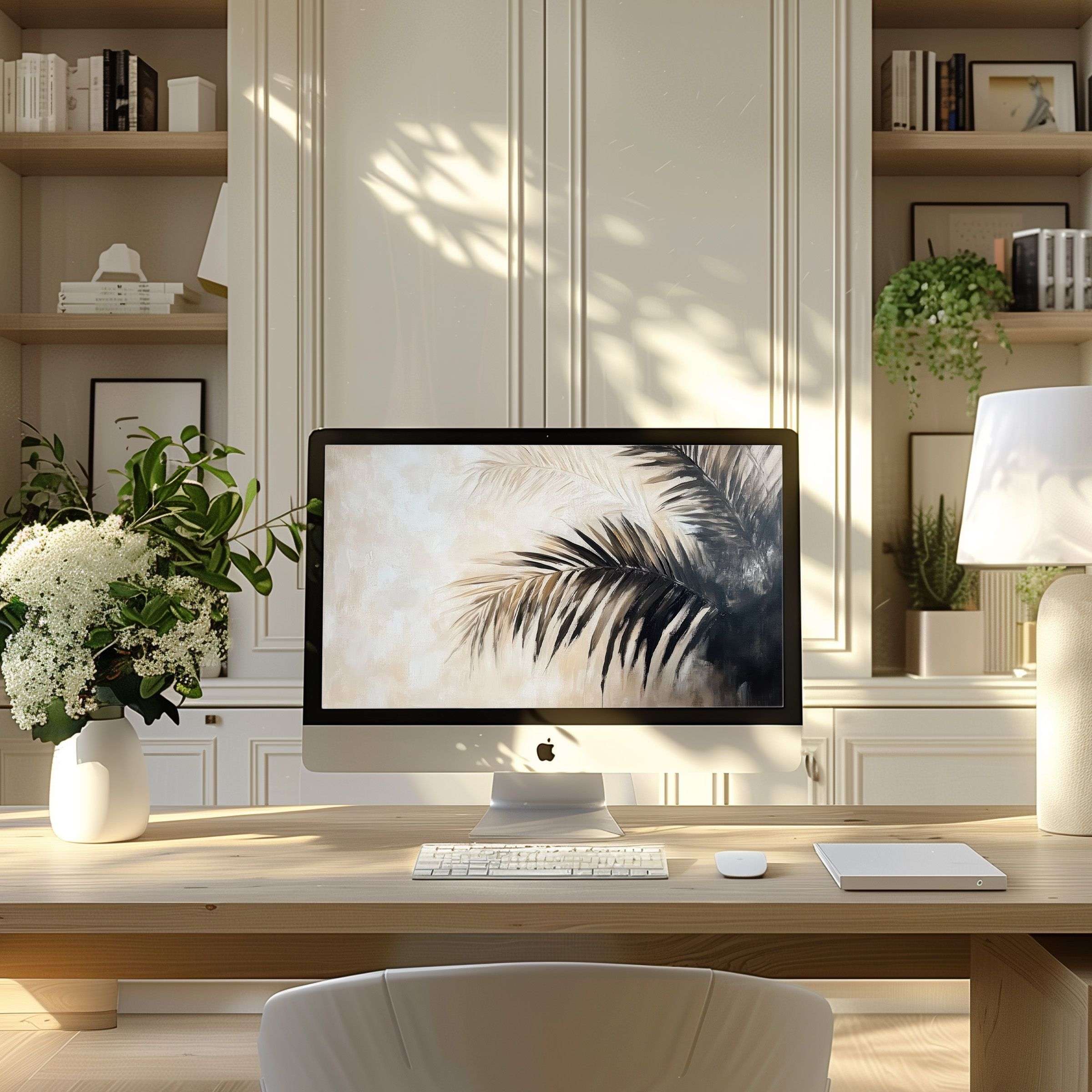 Elegant palm motif wallpaper for computer, PC, and laptop inspiring calmness in a modern home office download for any device