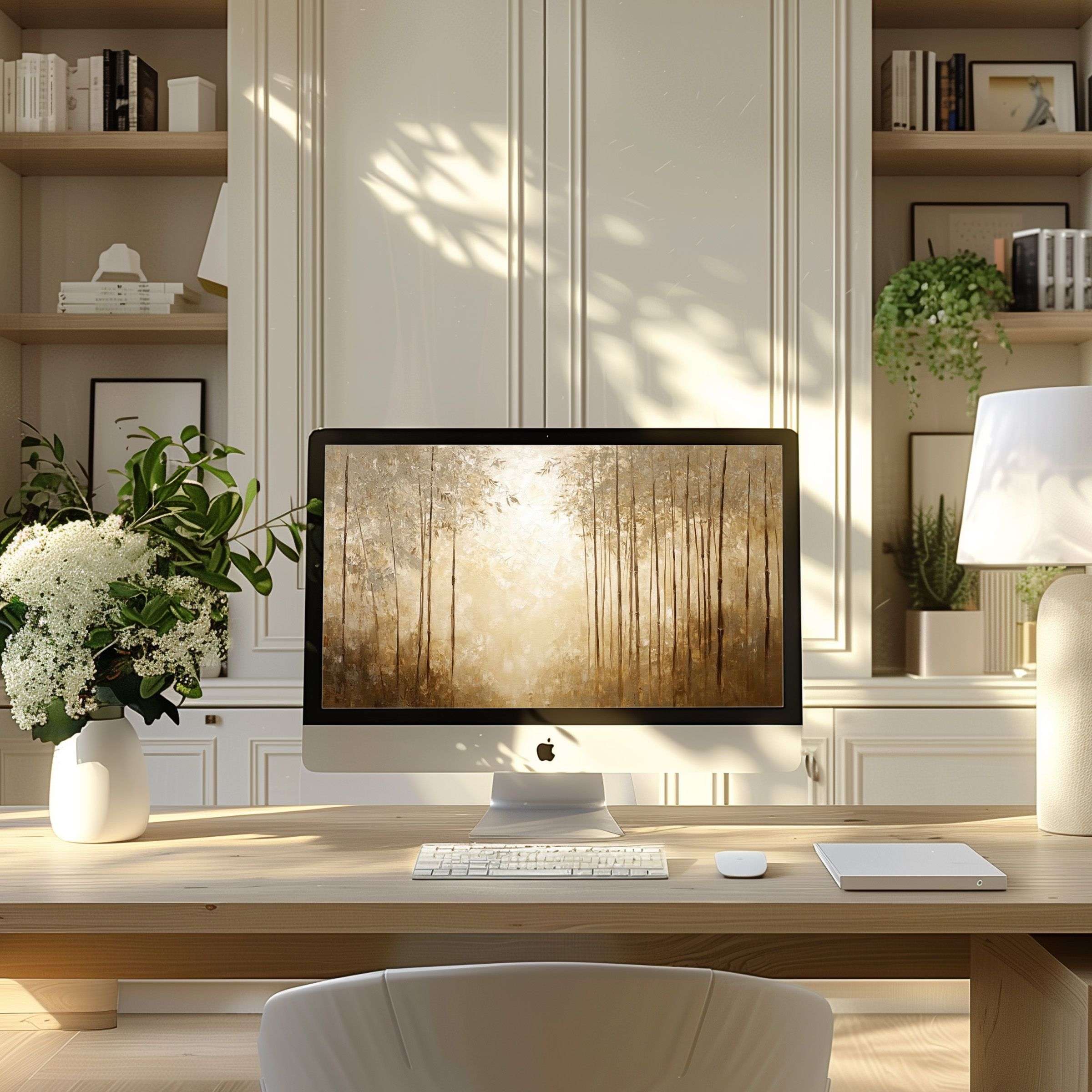 Elegant forest-themed wallpaper for computer fits PC and laptop, providing calm inspiration for modern home office digital download
