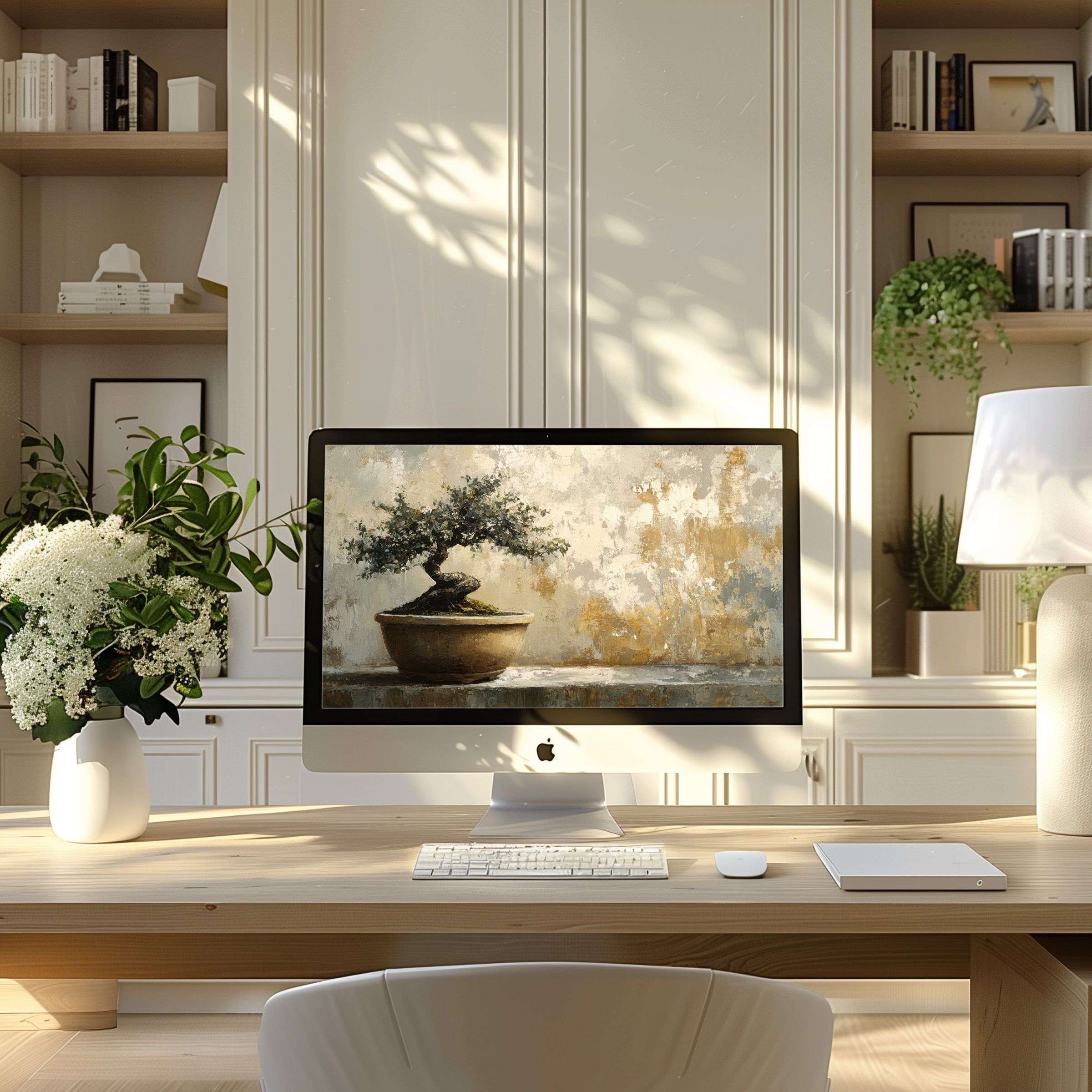 Elegant bonsai art wallpaper for computer or laptop in a serene, modern home office setting, inspiring calm and beauty