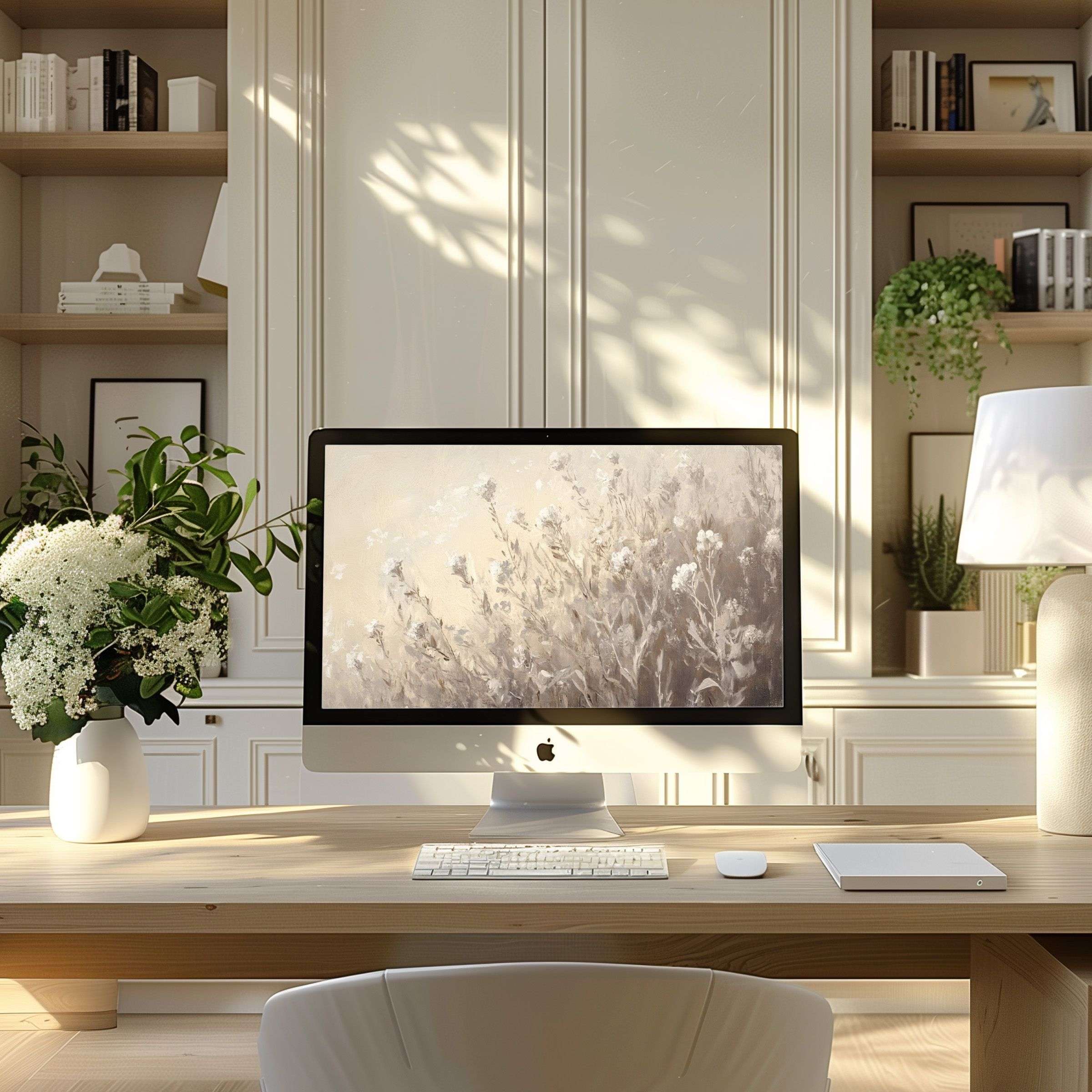 Elegant floral wallpaper for computer brings calm and inspiration to your modern home office, ideal for PC or laptop screens