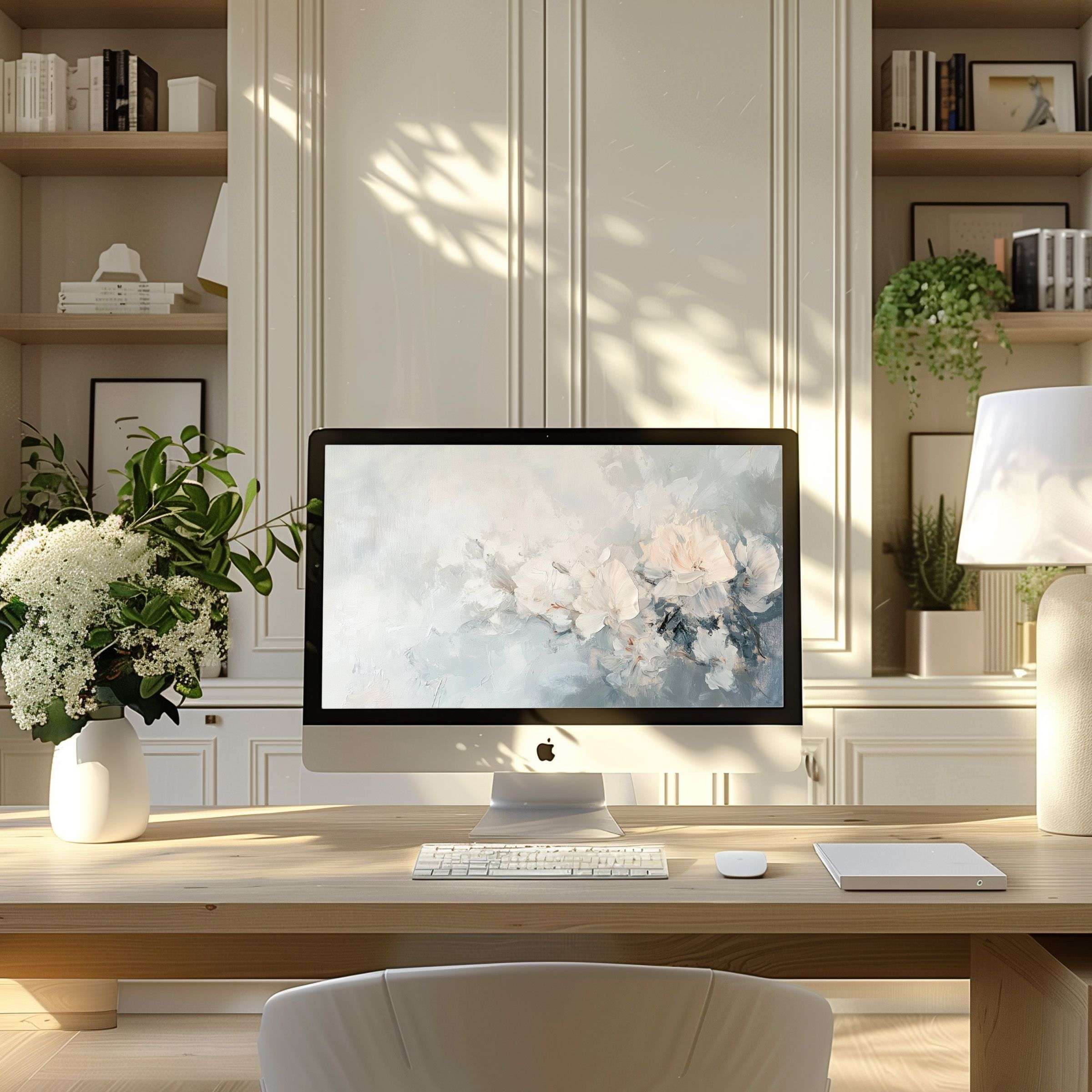 Elegant floral digital art wallpaper for computer, PC, laptop; transforms modern home office into a serene, inspiring space