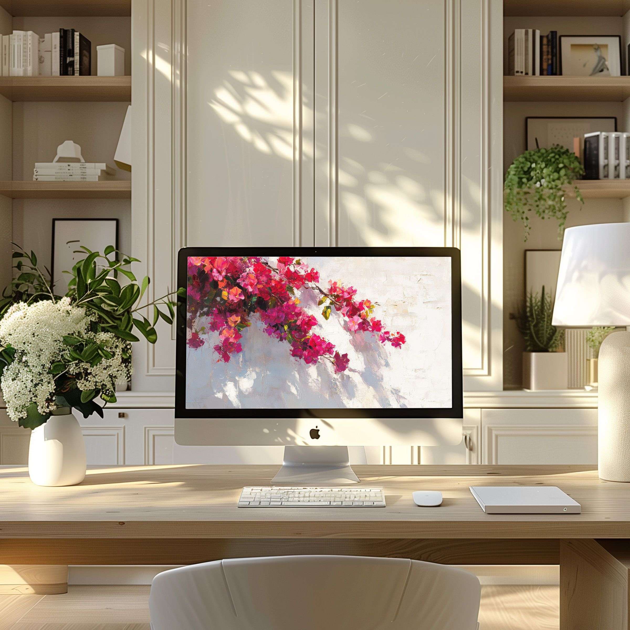 Elegant wallpaper for computer with vibrant bougainvillea, perfect for PC and laptop setups, inspiring calm in modern home offices