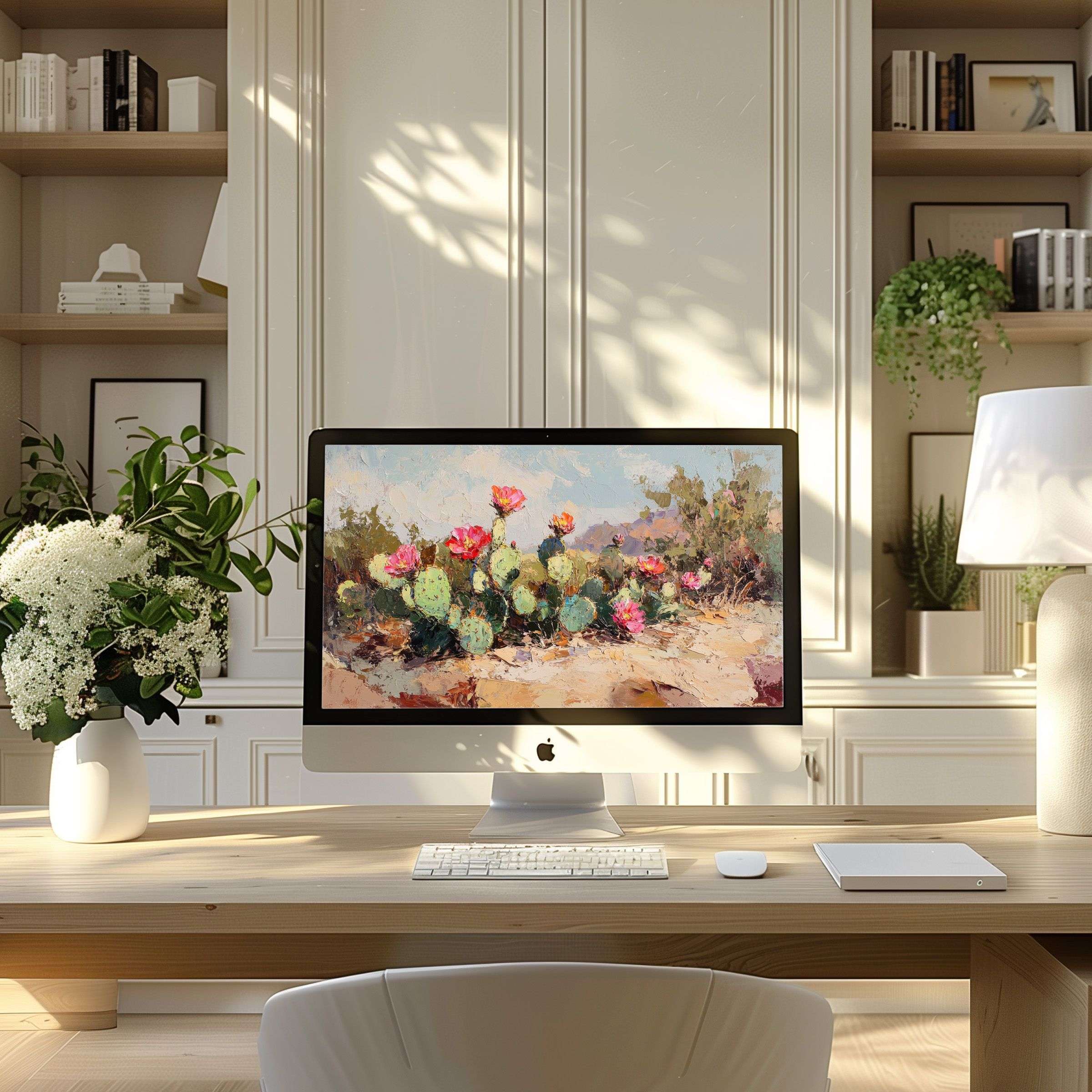 Elegant cactus artwork wallpaper for computer adds calm inspiration to your modern home office PC and Laptop setup