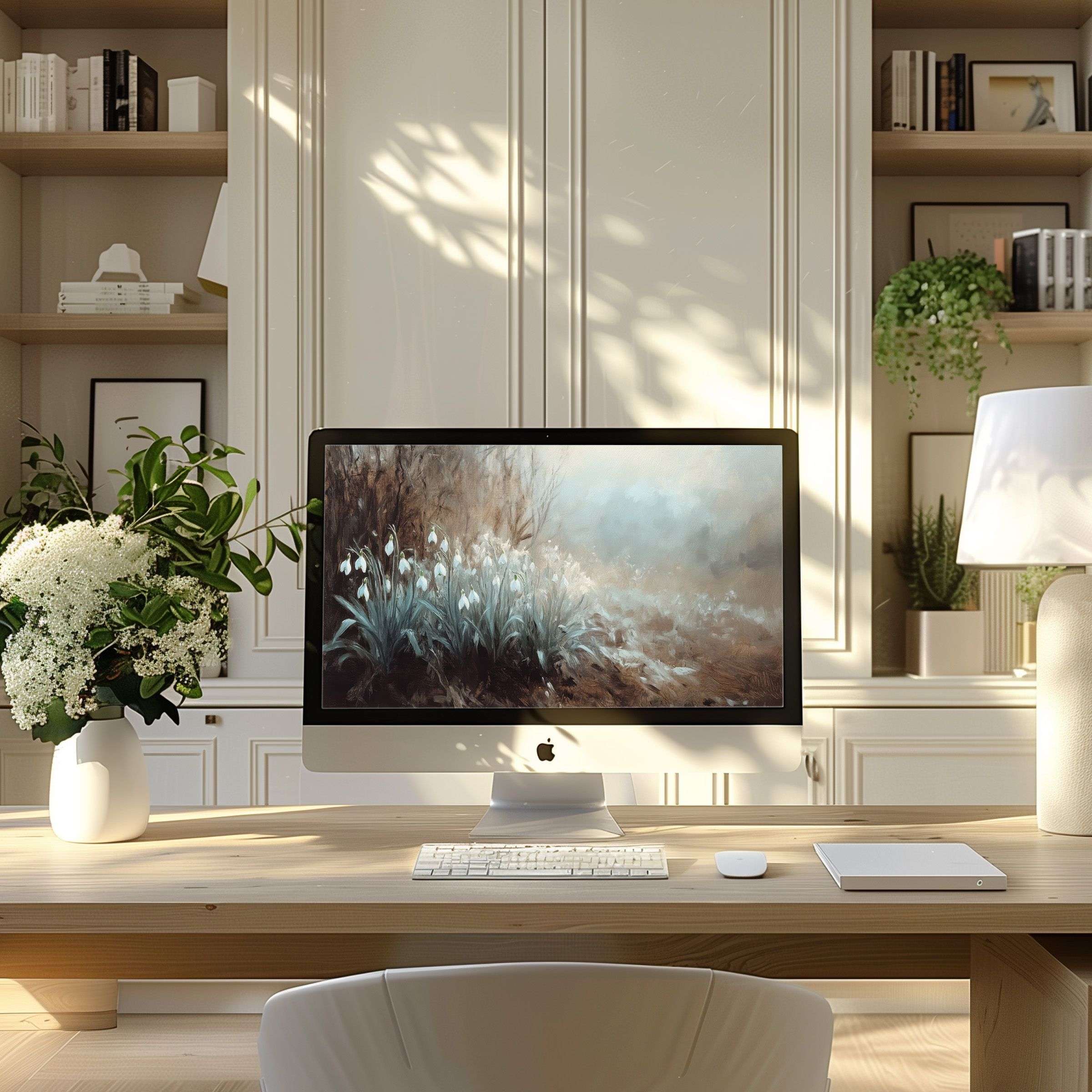 Elegant floral wallpaper for computer and laptop inspires serenity in a modern home office setting perfect for PC and ultrawide displays