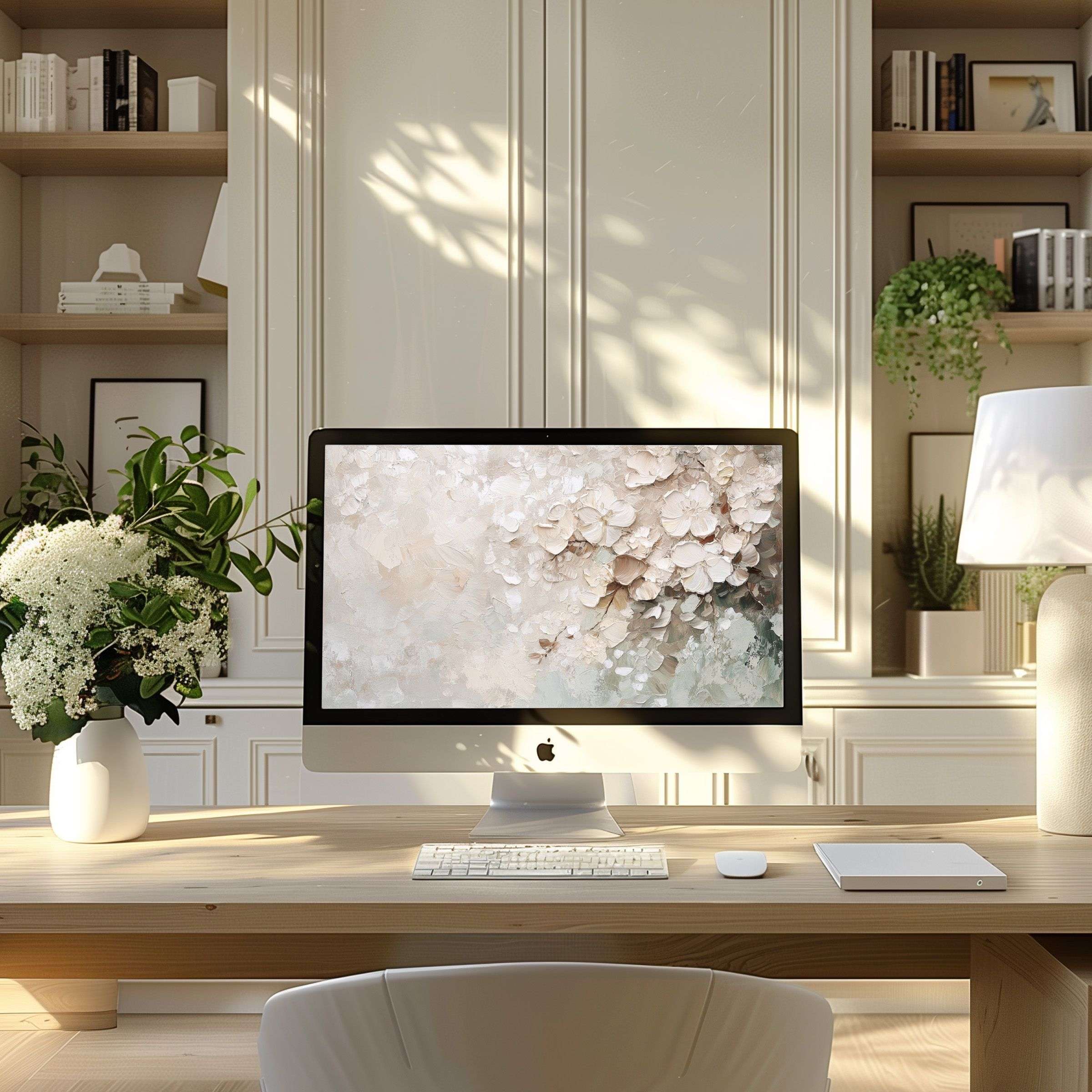 Elegant floral wallpaper for computer creates a serene ambiance in a modern home office, perfect for PC and laptop screens