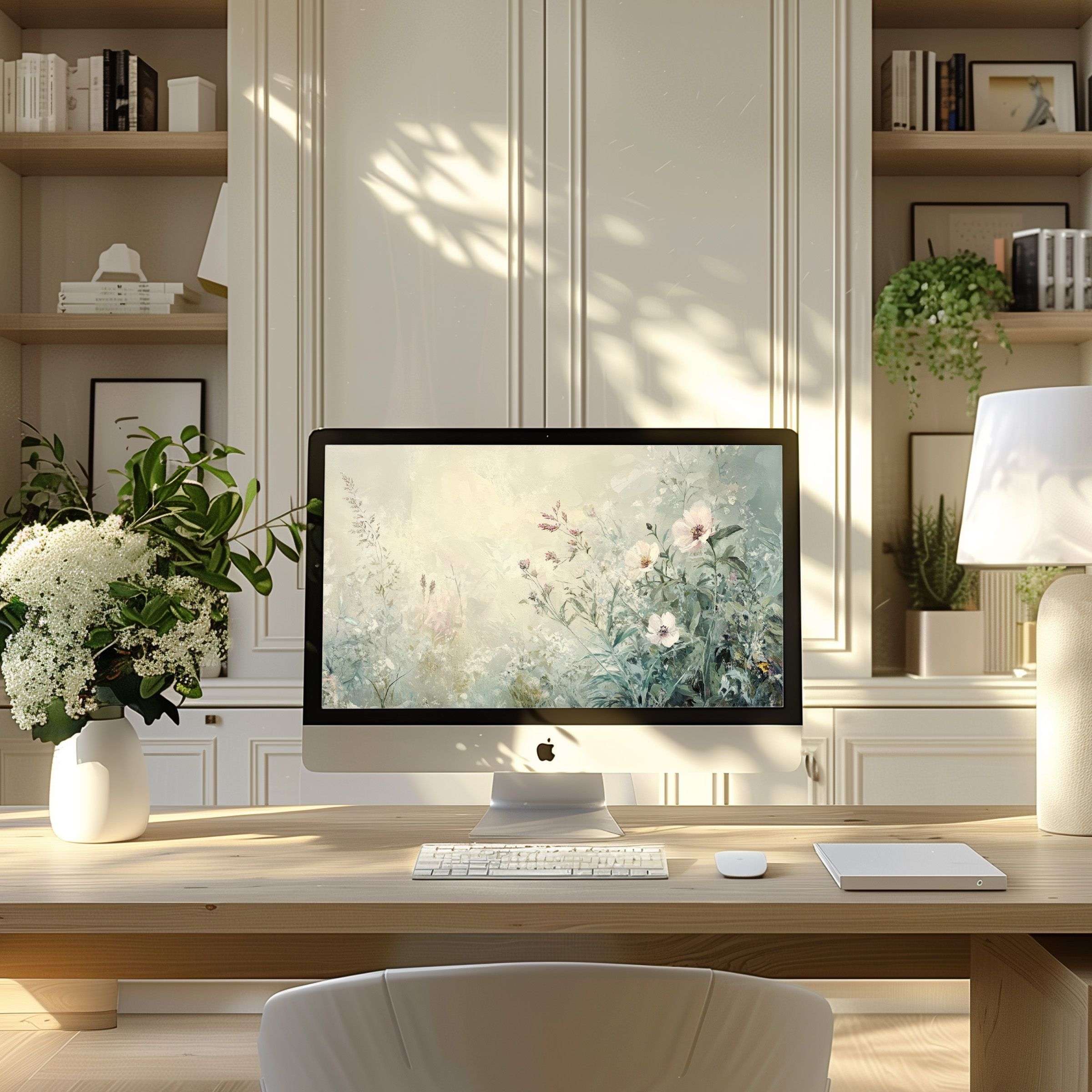 Elegant floral wallpaper for computer on a sleek desk inspires calm and beauty, perfect fit for PC and Laptop screens