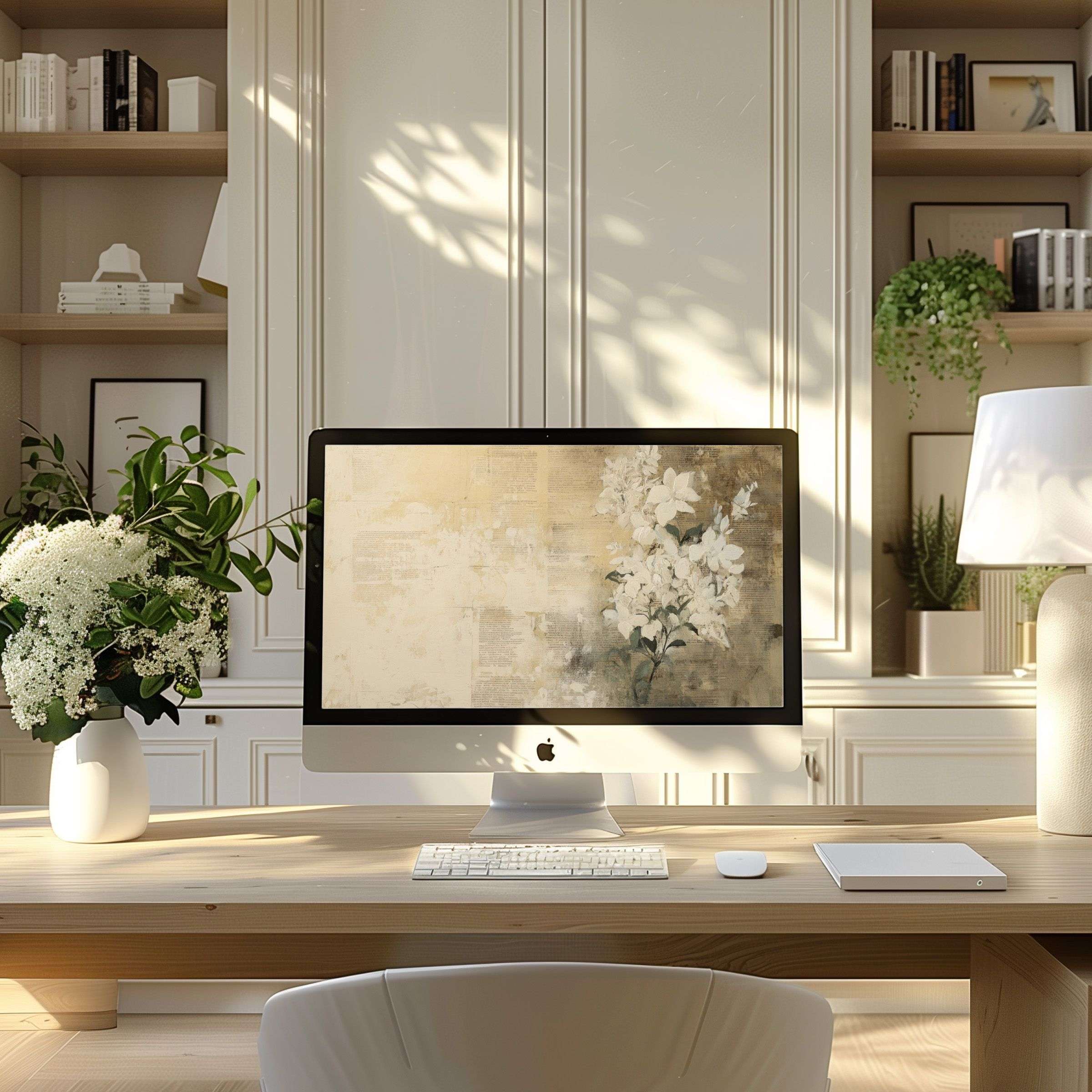 Elegant floral motif wallpaper for computer and laptop, perfect for inspiring a calm, modern home office aesthetic on any PC