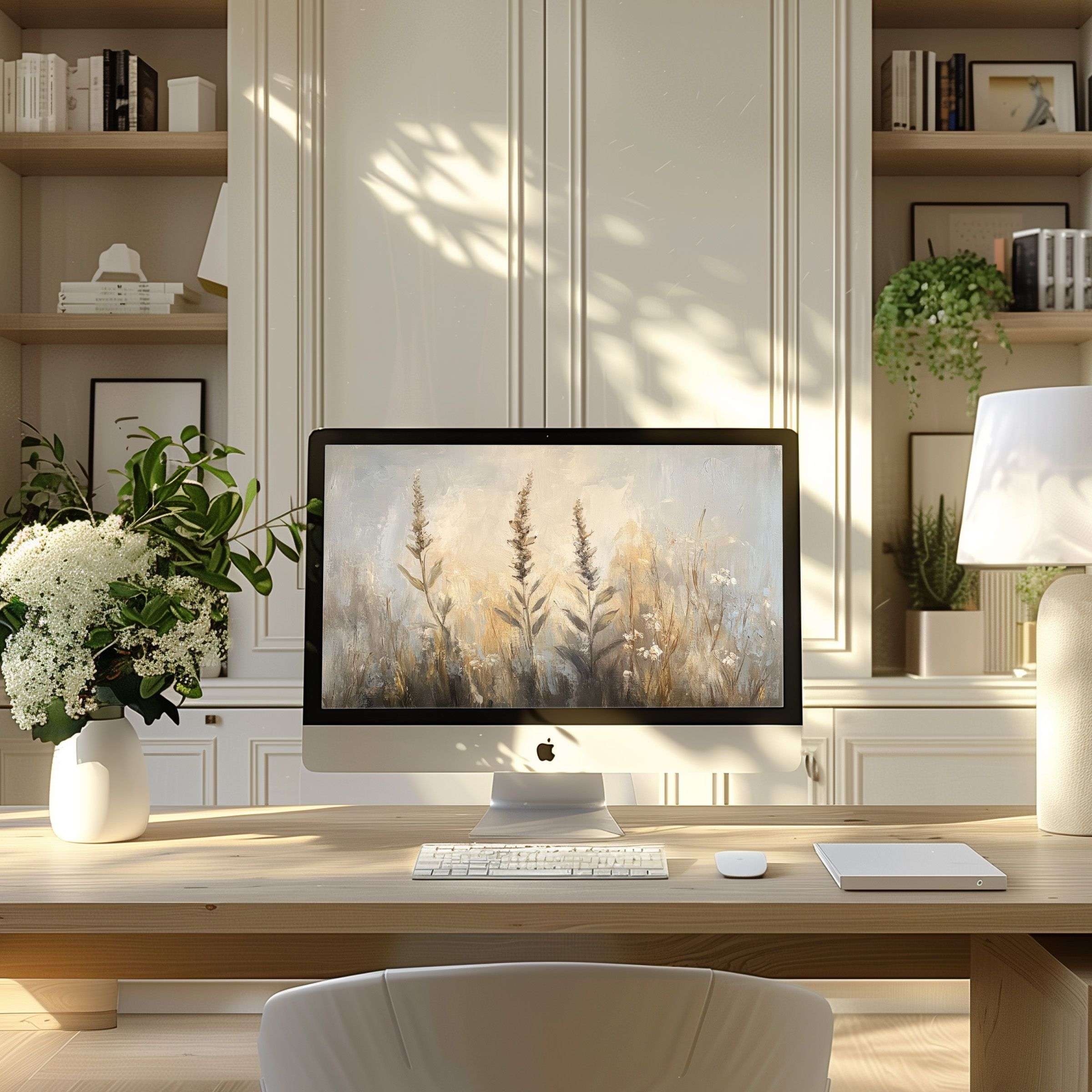 Elegant abstract floral wallpaper for computer in serene neutral tones, inspiring calm and sophistication for PC and laptop users