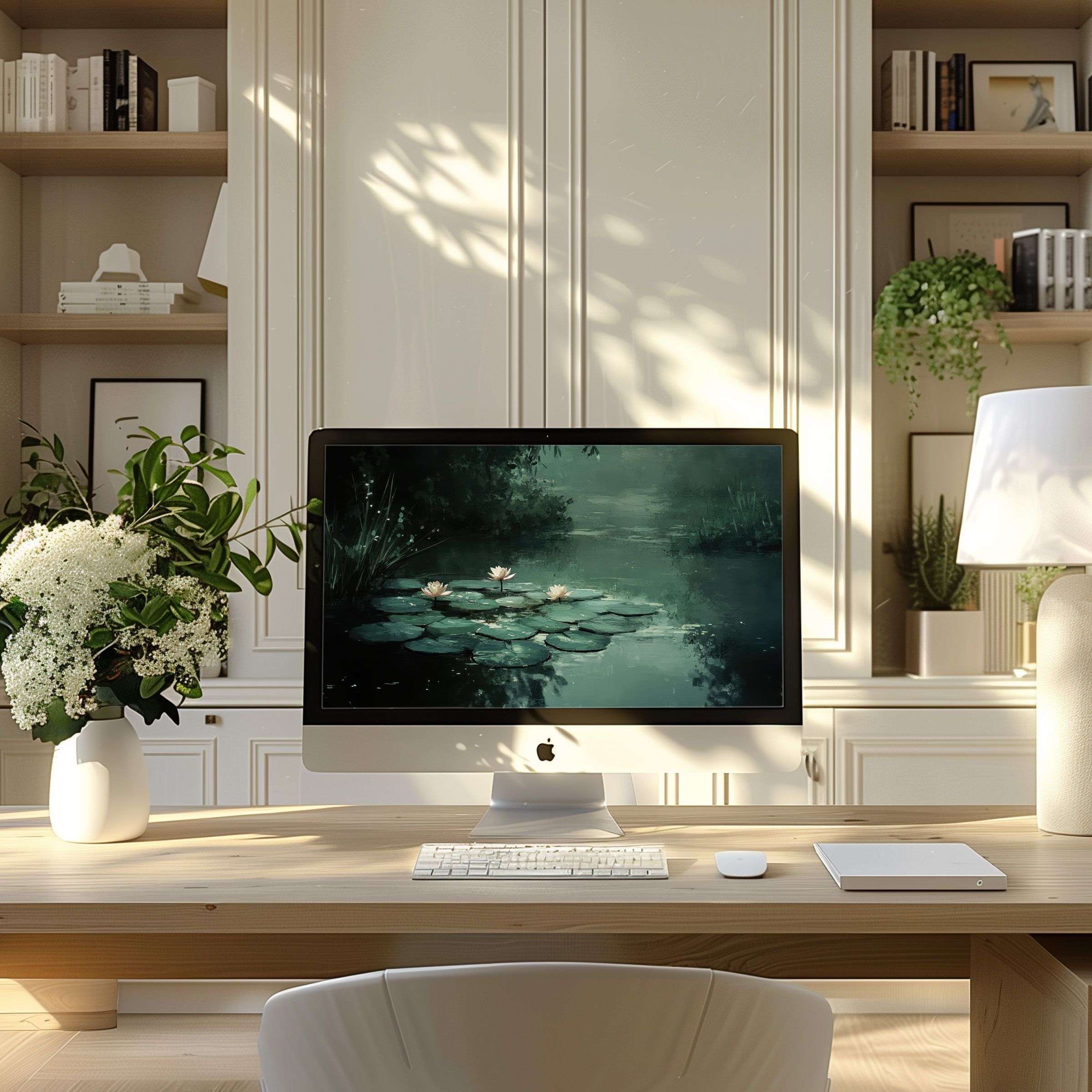 Inspire calm with this elegant lily pad wallpaper for computer perfect for PC and Laptop modern home offices digital download