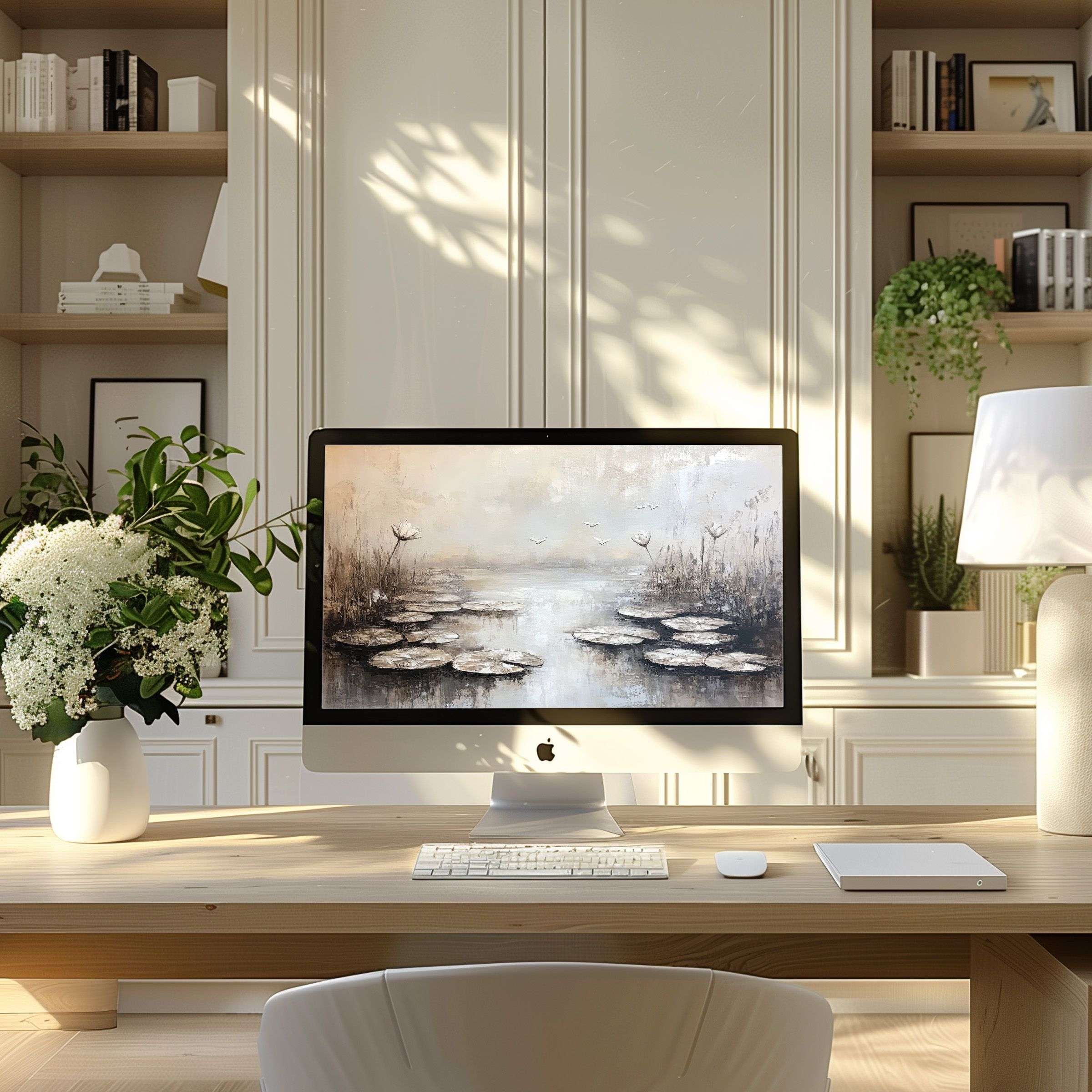 Elegant lily pad digital art as wallpaper for computer inspires calm in a sleek modern office, fits PC and laptop screens effortlessly