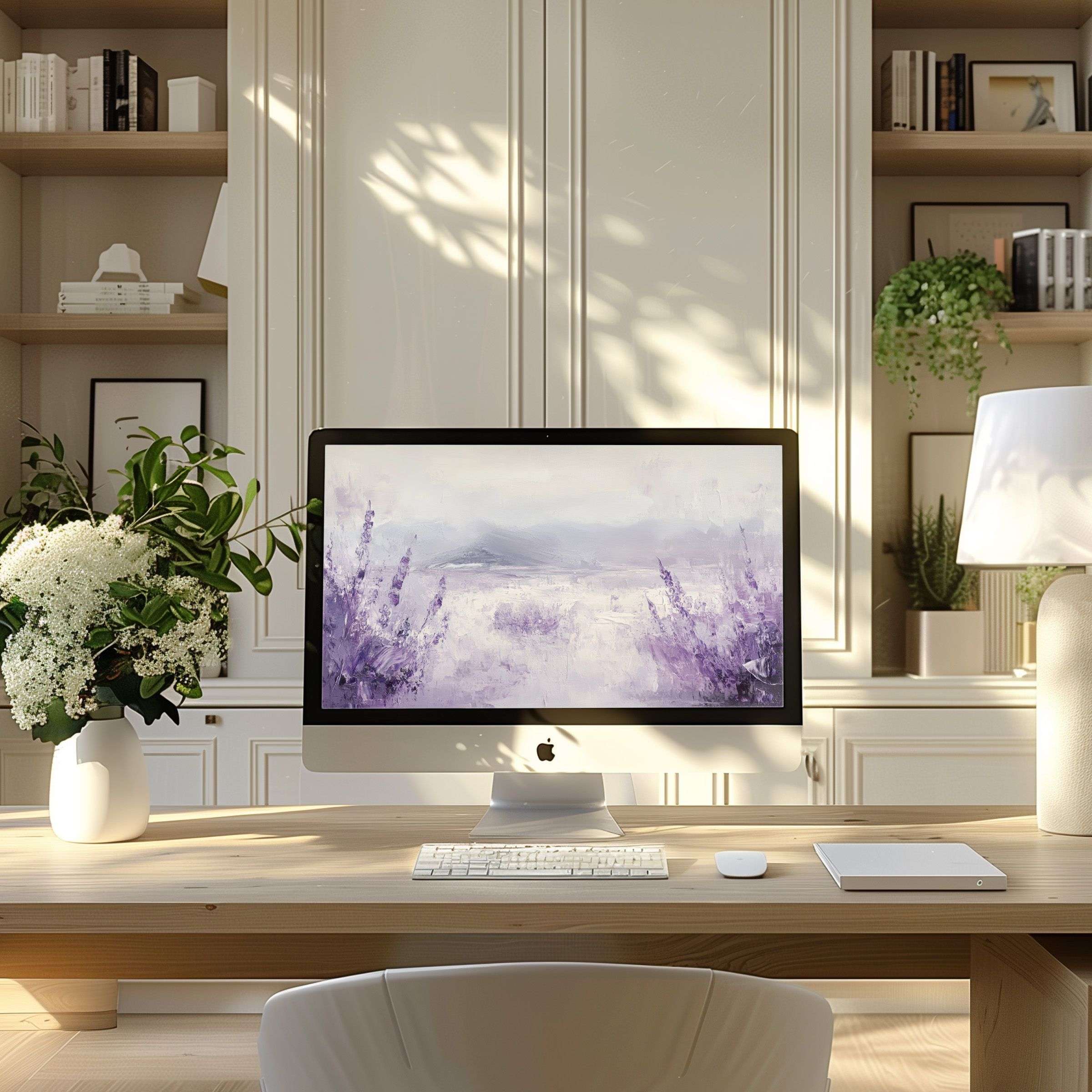 Elegant lavender digital art as a wallpaper for computer, PC, or laptop in a calming, modern home office setting, inspiring tranquility