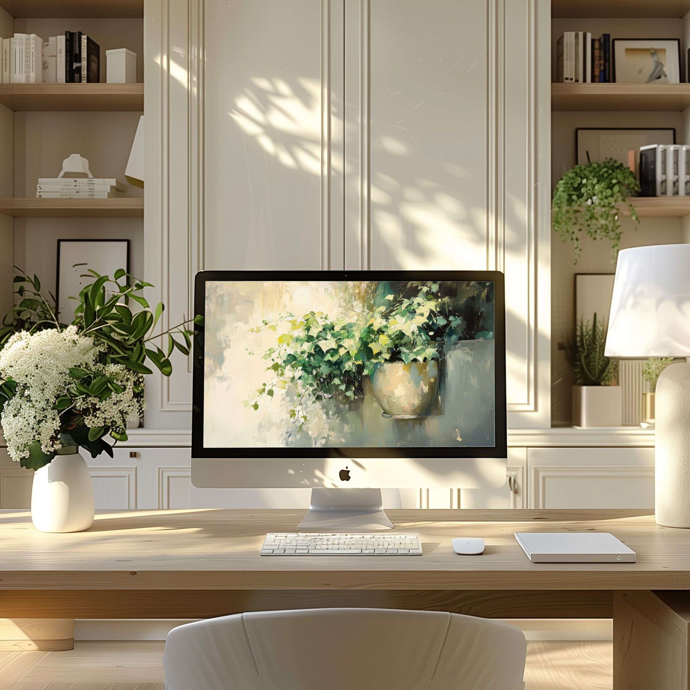 Elegant digital art with lush green foliage, perfect wallpaper for computer, PC, or laptop, ideal for modern tranquil home office