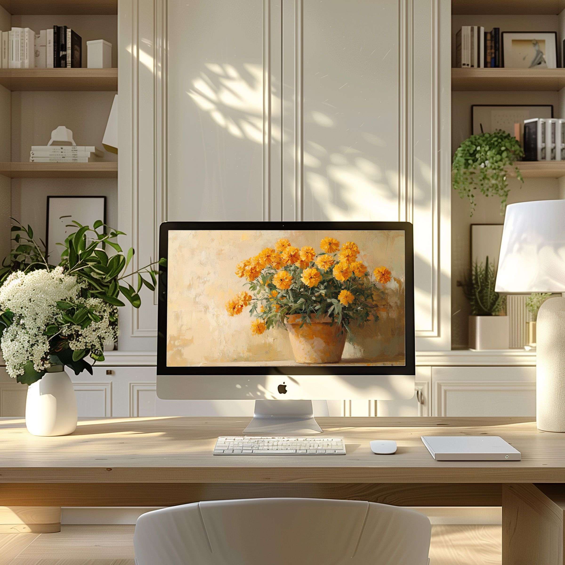 Elegant floral wallpaper for computer inspires calm in a modern home office, perfect for PC, laptop, ultrawide screens, digital download