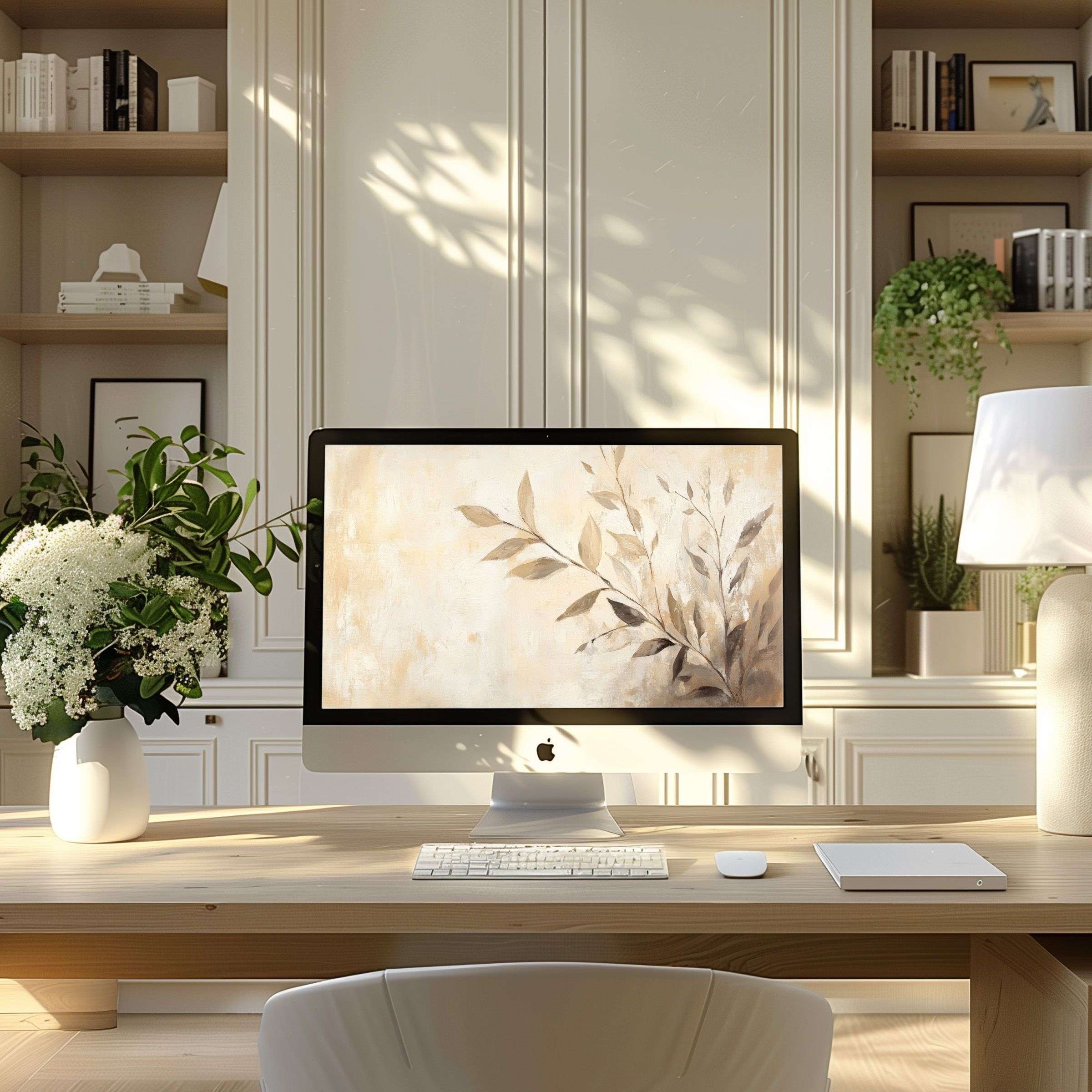 Elegant botanical wallpaper for computer, perfect for PC and laptop screens, brings calm and inspiration to modern home offices