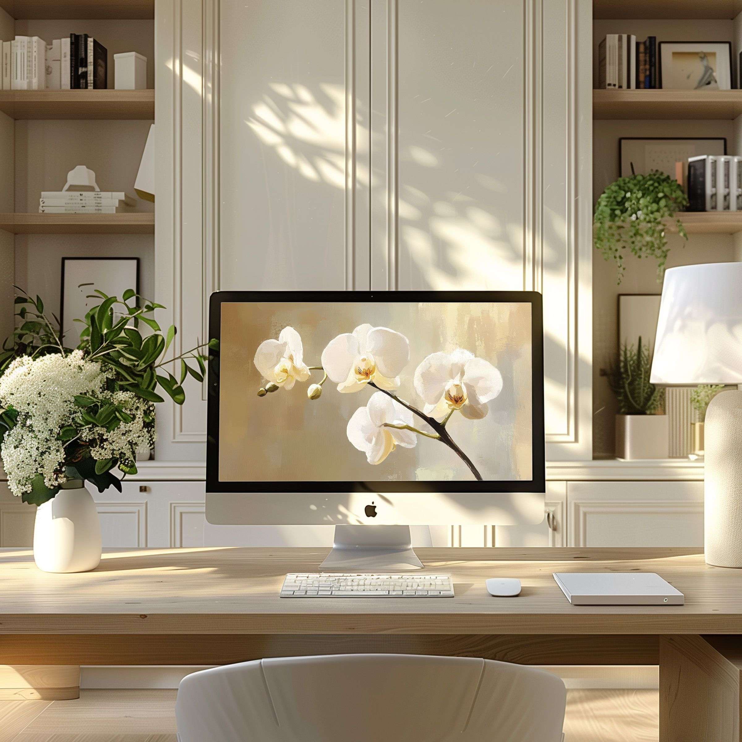 Elegant orchid digital art wallpaper for computer transforms a modern home office into a serene oasis, perfect for PC or Laptop