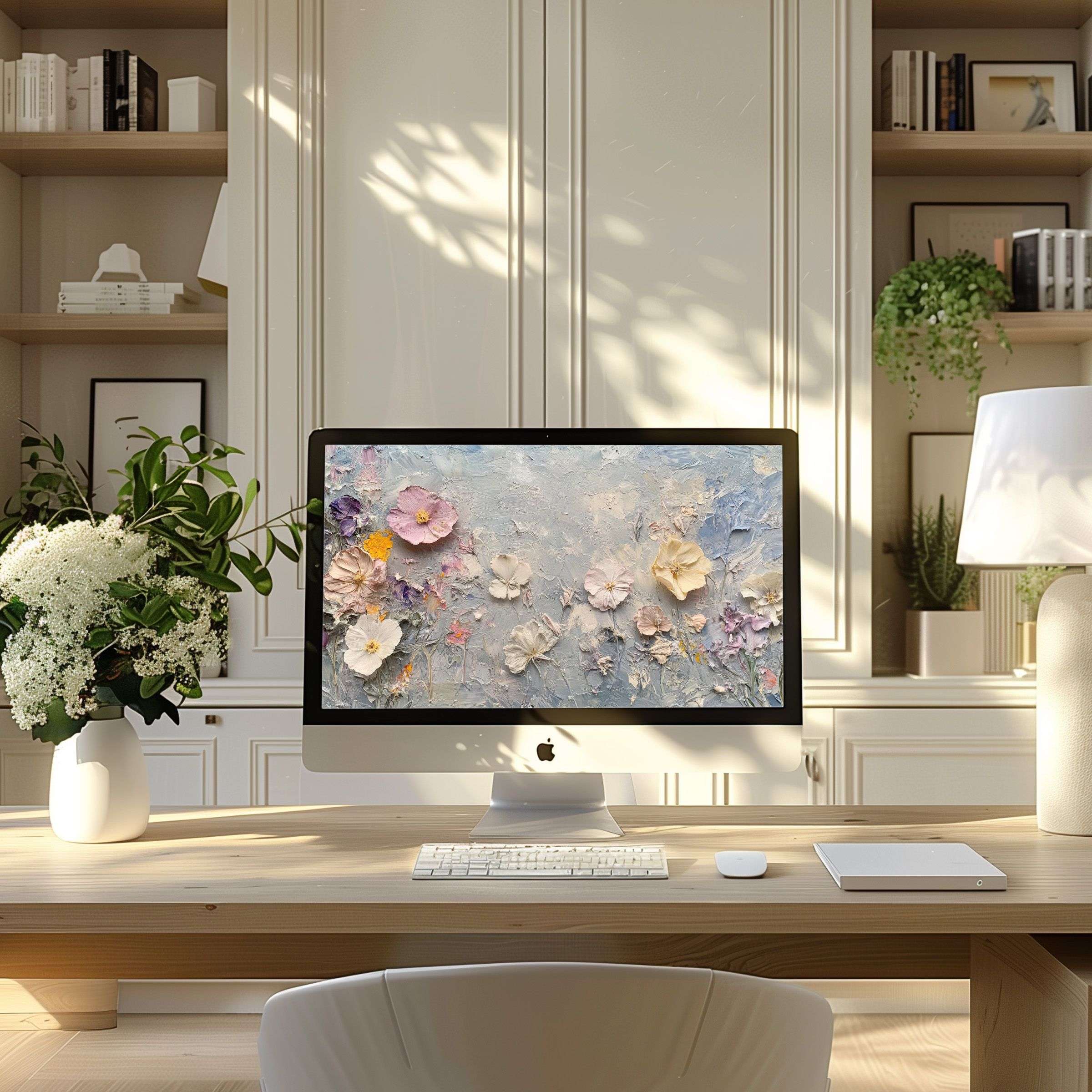 Elegant floral texture wallpaper for computer on desk in serene home office inspires calm creativity for PC and Laptop users