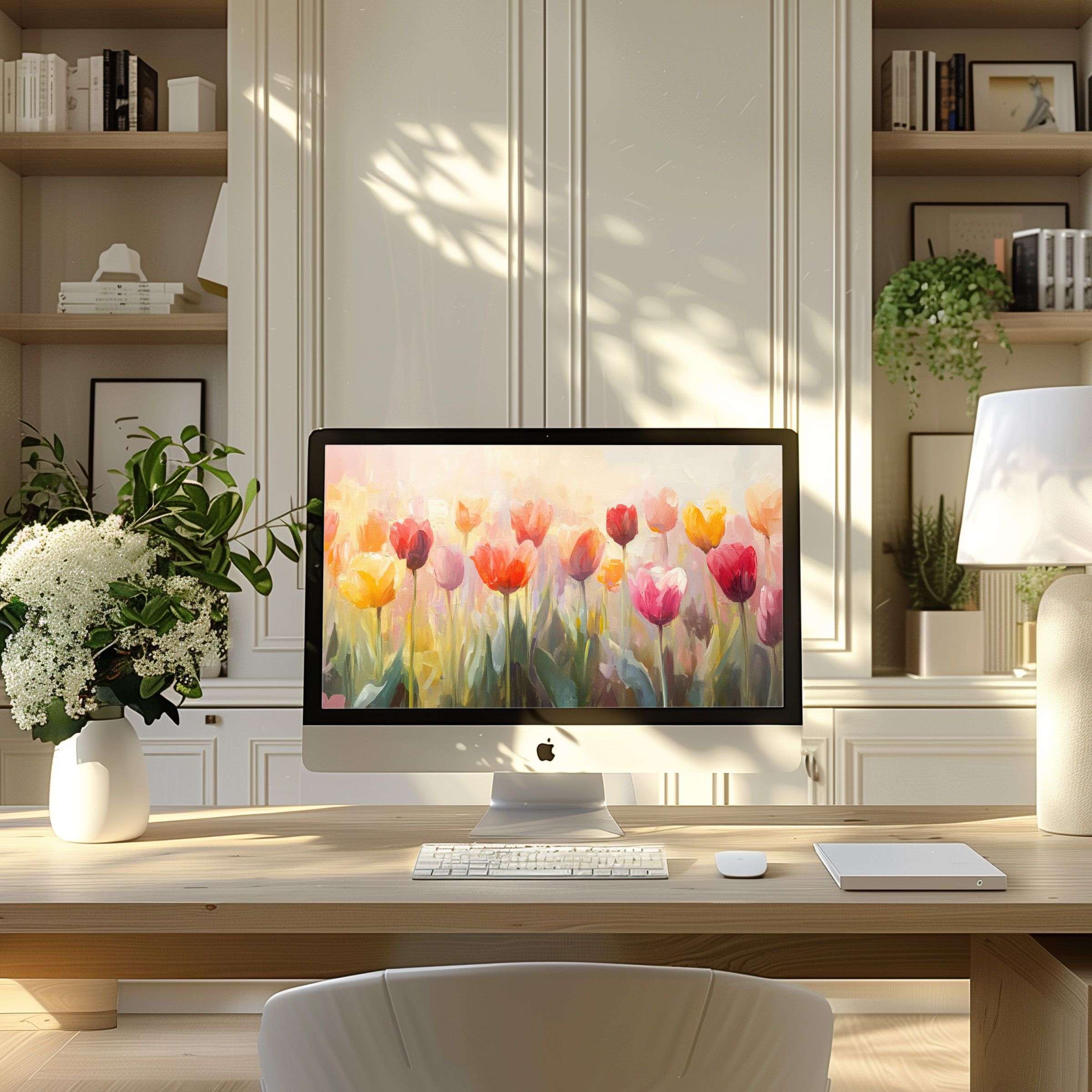 Elegant tulip artwork as wallpaper for computer in a serene home office, perfect for PC and laptop digital download inspiration