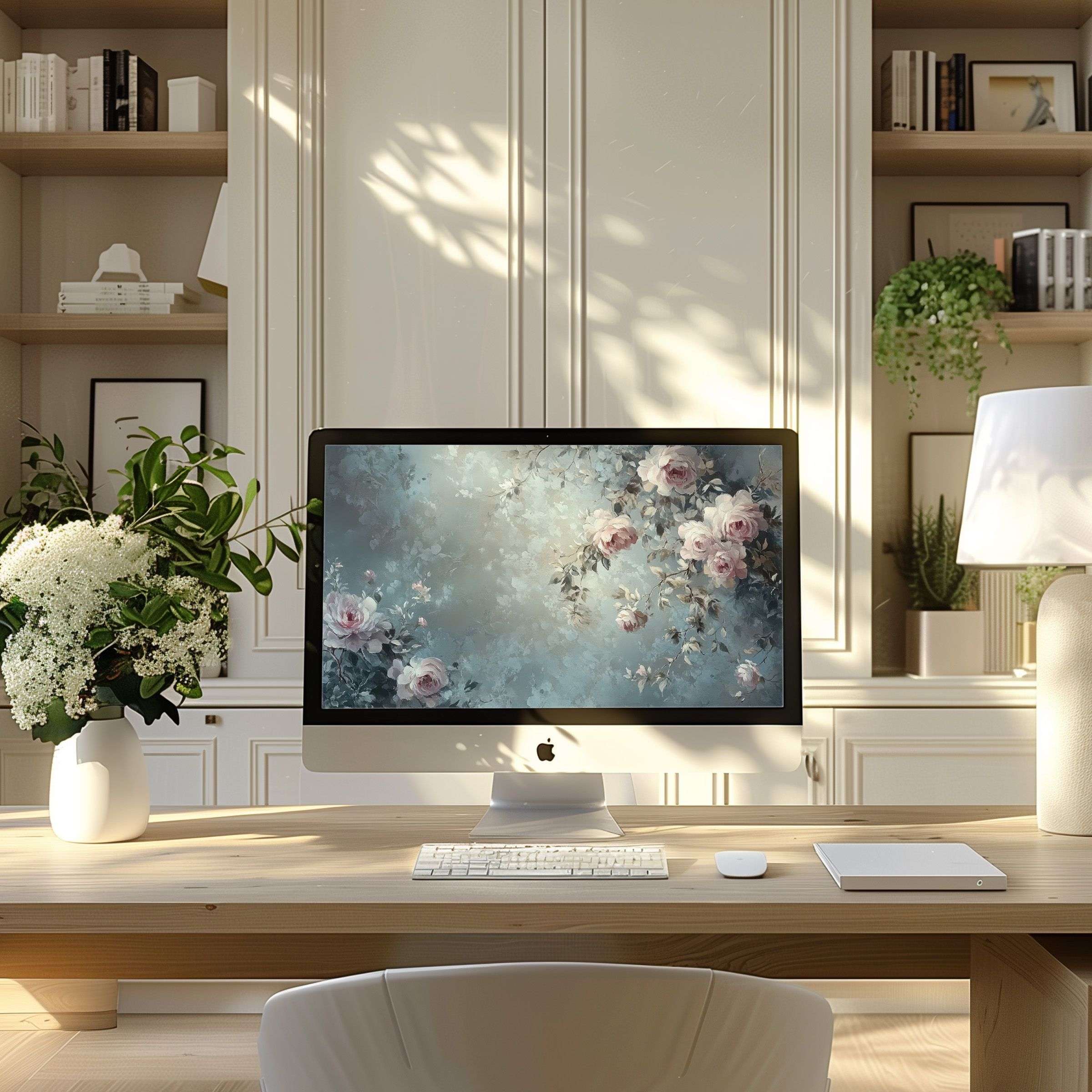 Elegant floral digital art wallpaper for computer enhances modern home office mood inspiring calm elegance on PC or Laptop screens