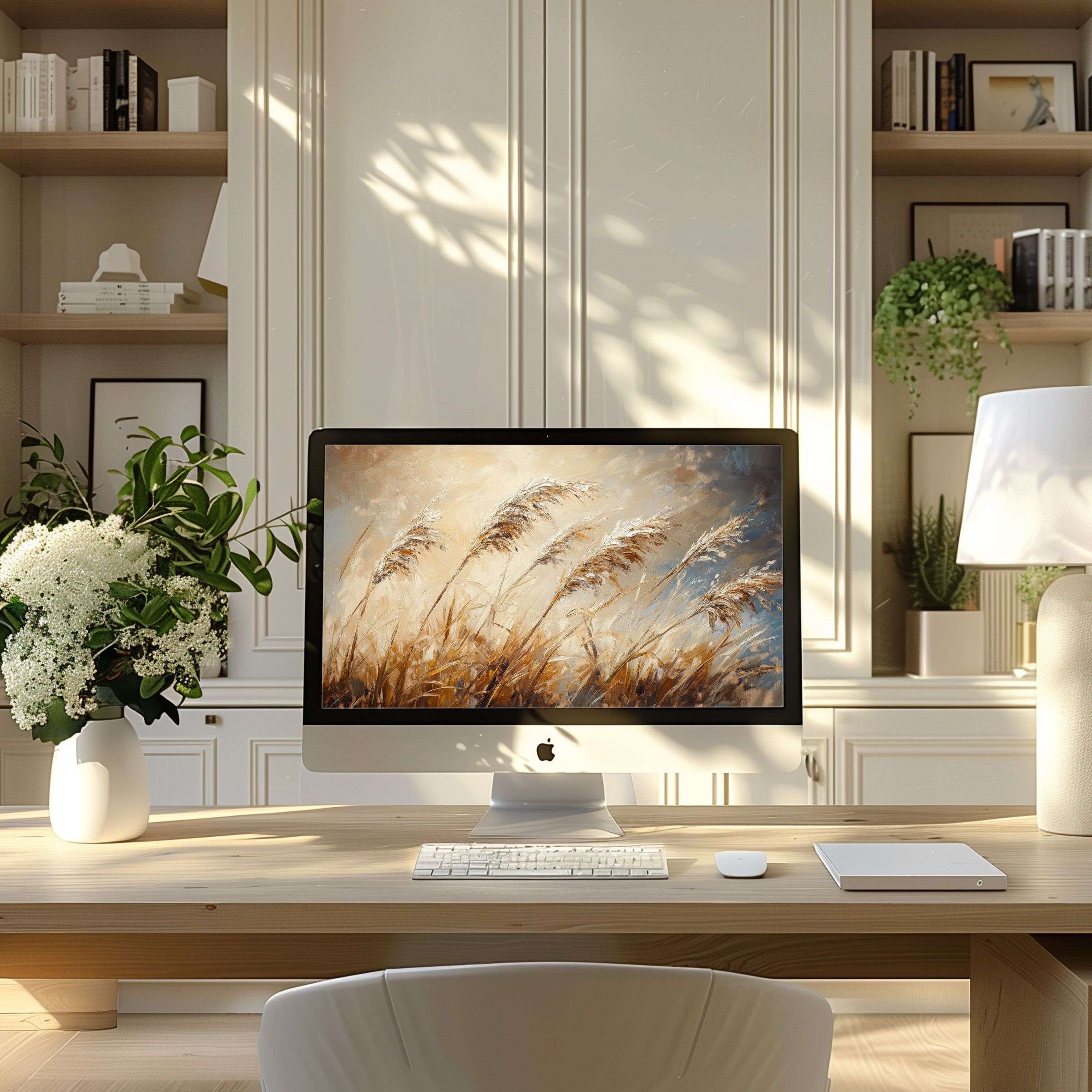 Elegant wheat field artwork as a wallpaper for computer creates calm inspiration, perfect for PC or laptop in modern home office