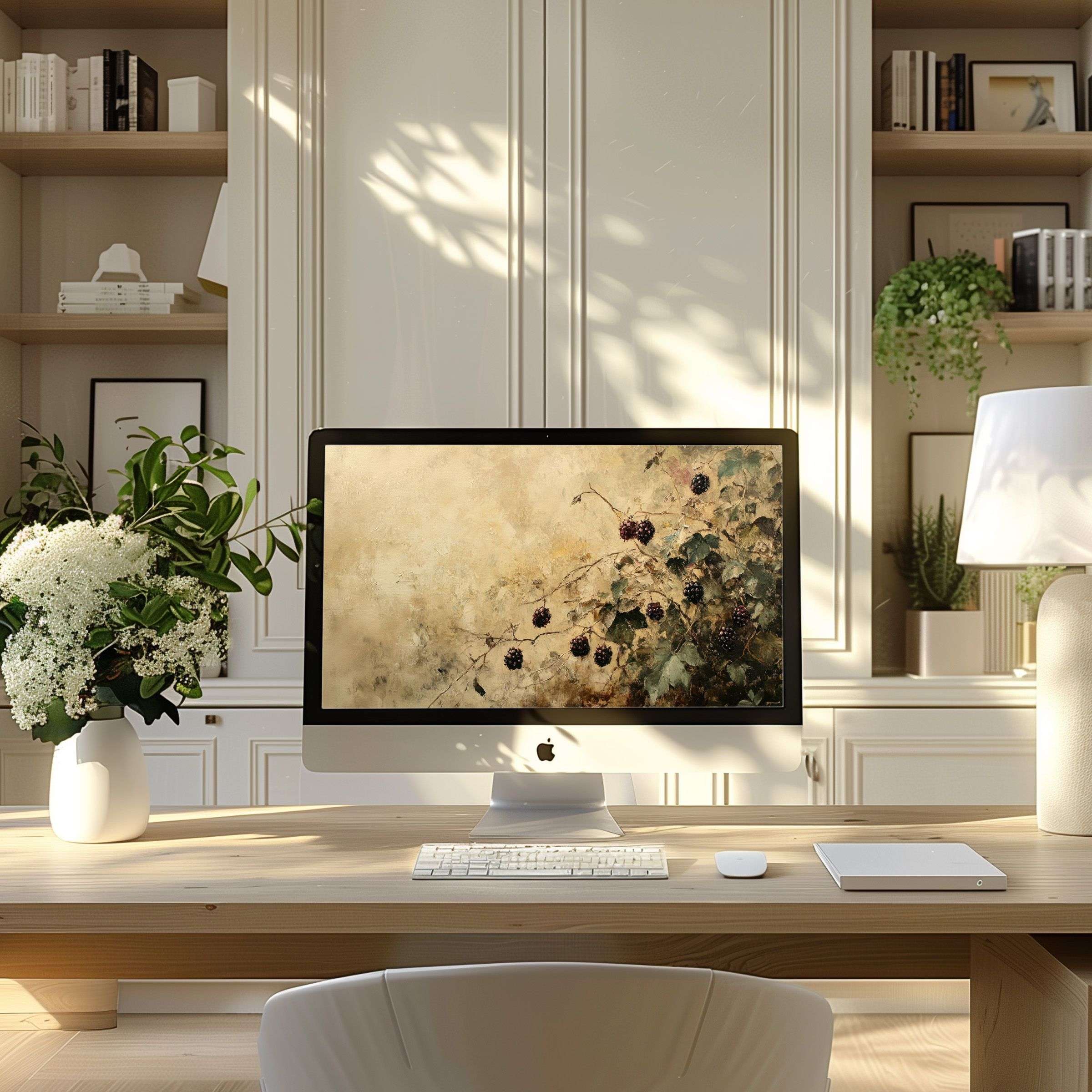 Calming nature-inspired wallpaper for computer in a modern home office setting ideal for PC or Laptop digital download