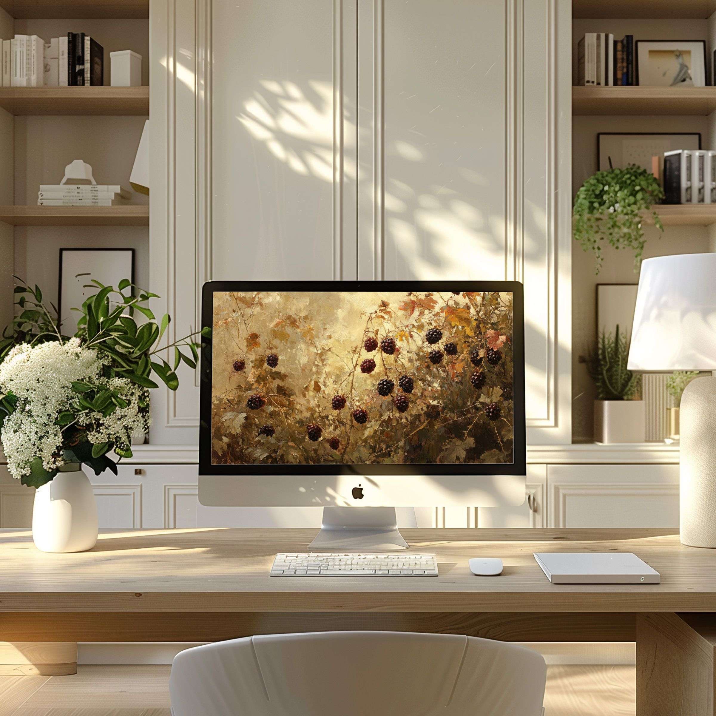 Elegant autumn-themed wallpaper for computer, PC, and laptop; enhances modern home office with calm, inspiring aesthetics Digital download available