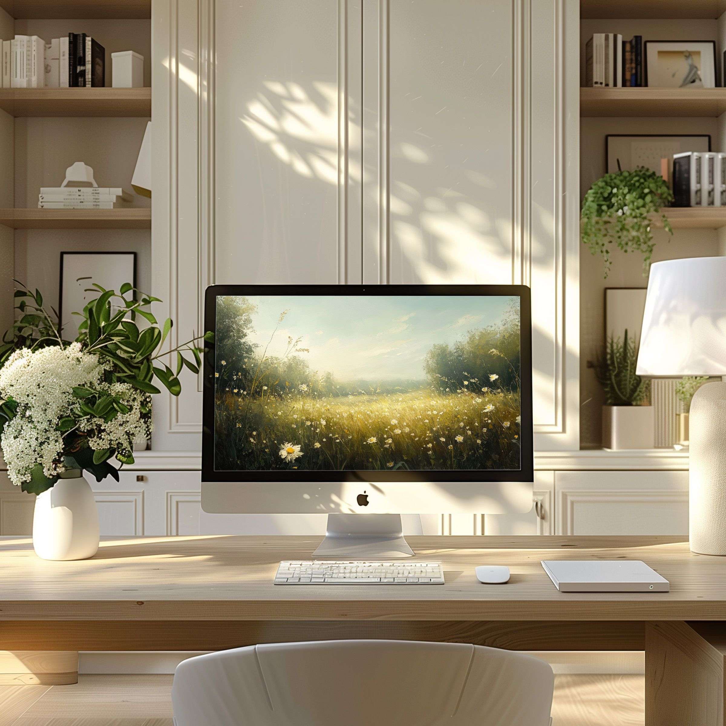 Elegant wallpaper for computer and laptop depicting serene meadow, enhancing calm and inspiration in modern home office design