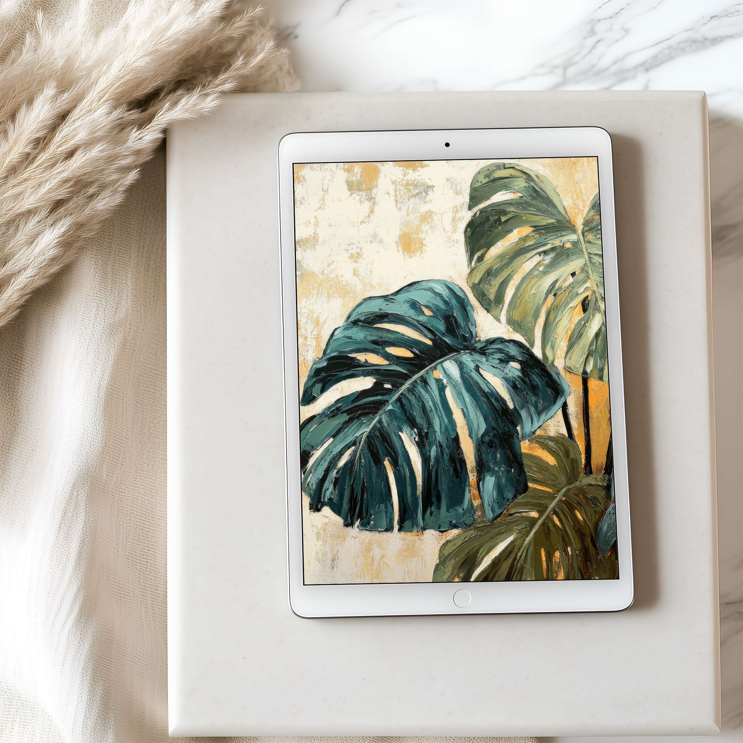 Elegant monstera leaf art tablet wallpaper on high resolution iPad creates a serene, curated ambiance for stylish digital download