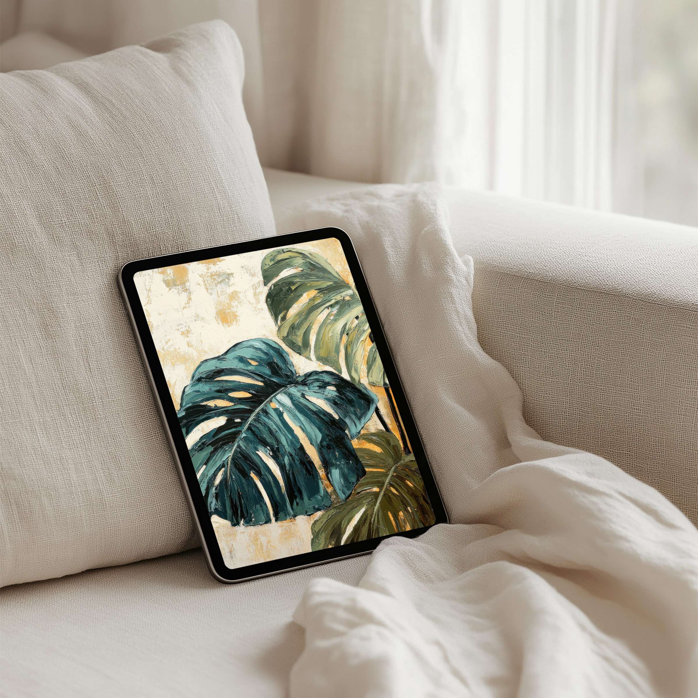Elegant abstract leaf art as an iPad background offering instant download for tablets inspires calm and mindfulness in your space