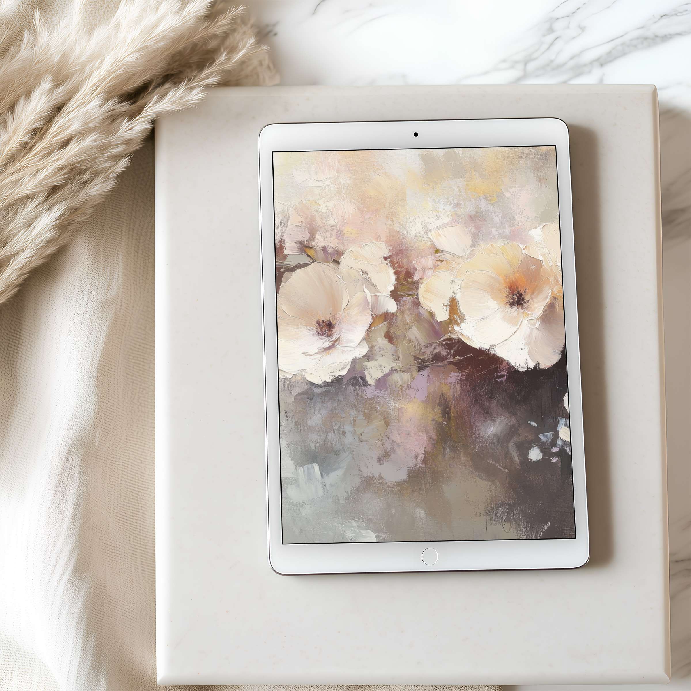 Elegant tablet wallpaper featuring soft floral artwork in calming muted tones perfect for iPad and Android tablet digital download