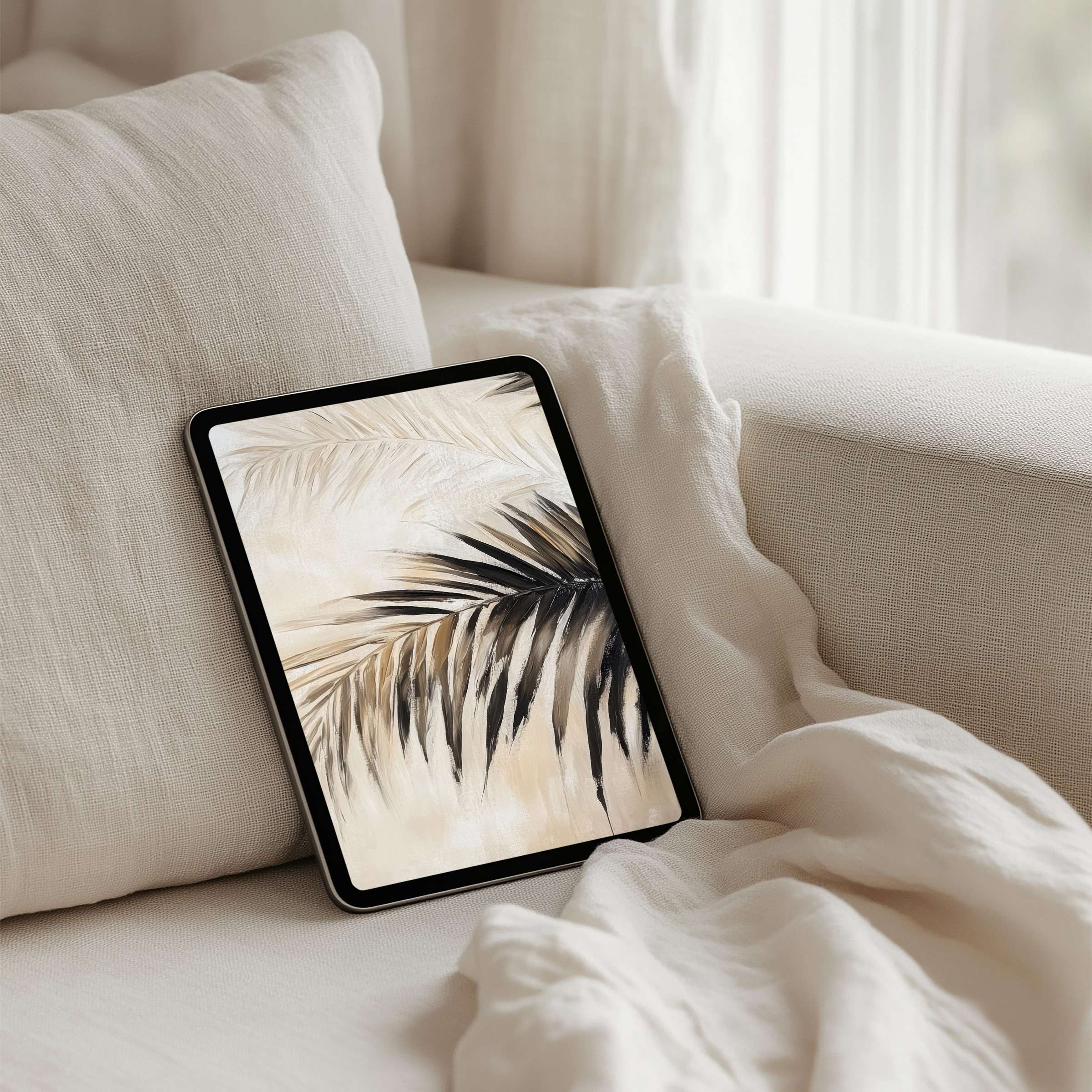 Elegant palm leaves iPad background offers calm and inspiration for any tablet user with instant download for mindful design lovers