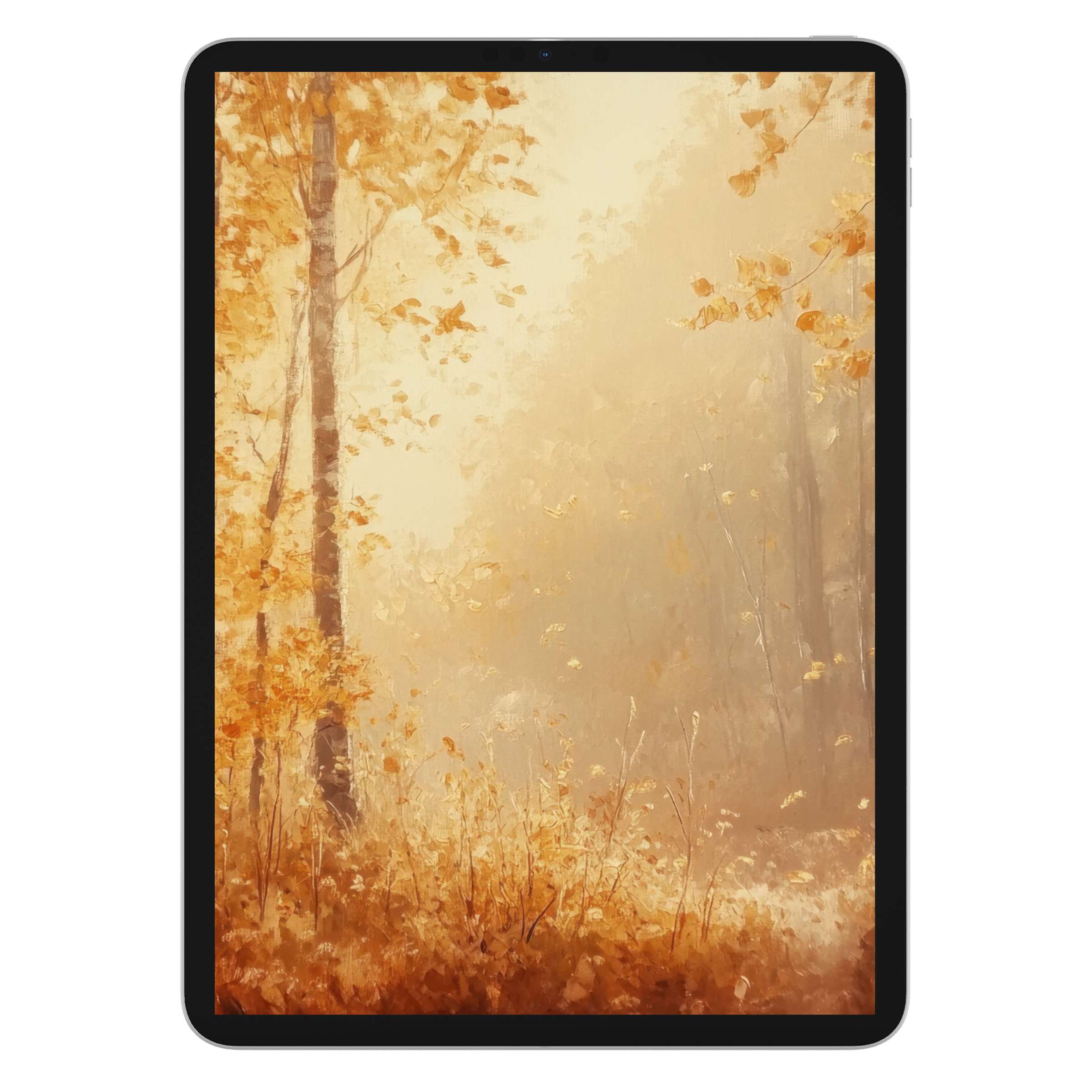 Elegant autumnal scene with warm hues of amber and gold, this botanical iPad wallpaper offers a serene tablet background for digital download