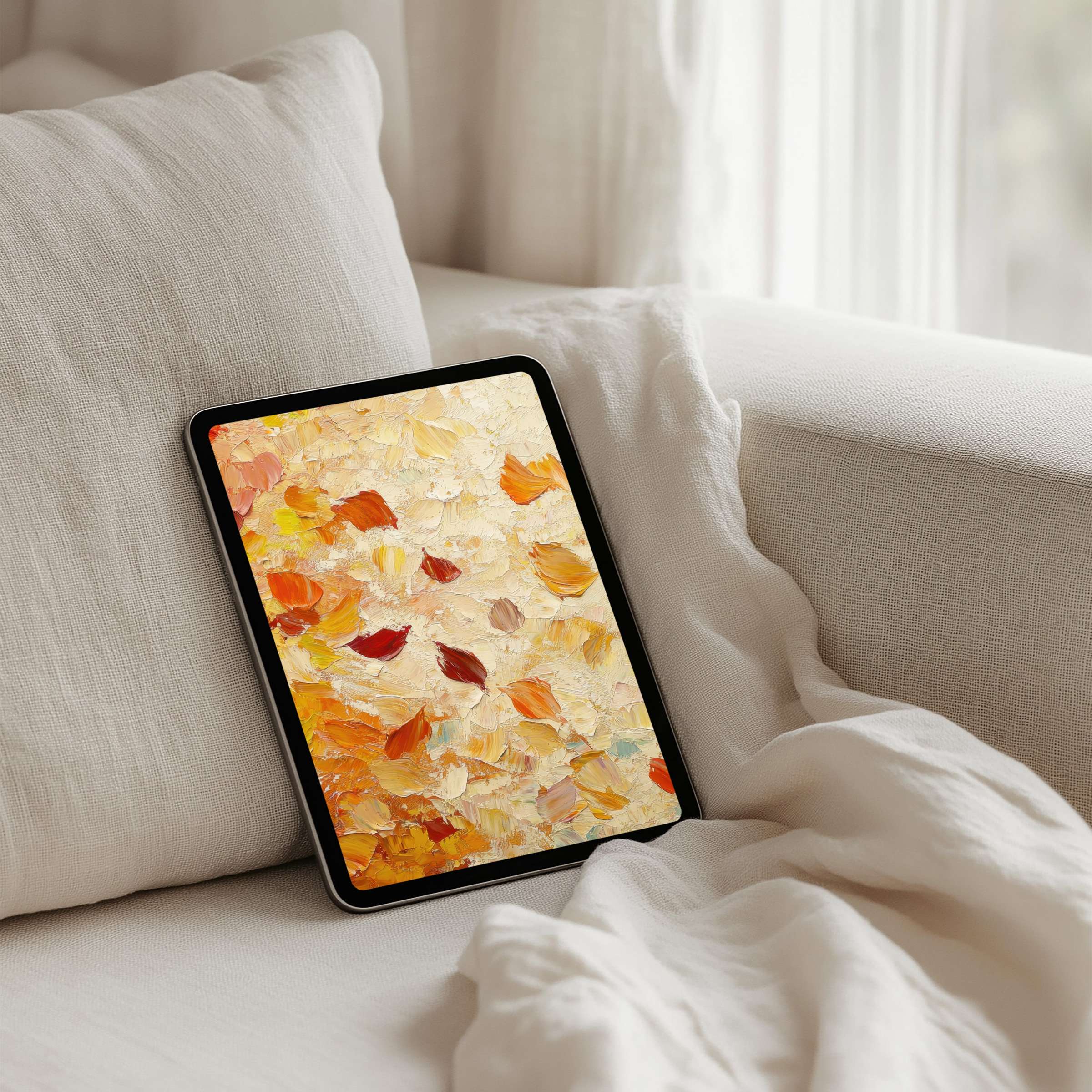 Elegant iPad background with warm autumn leaves offers instant download for your tablet inspiring calm and mindful decor ambiance