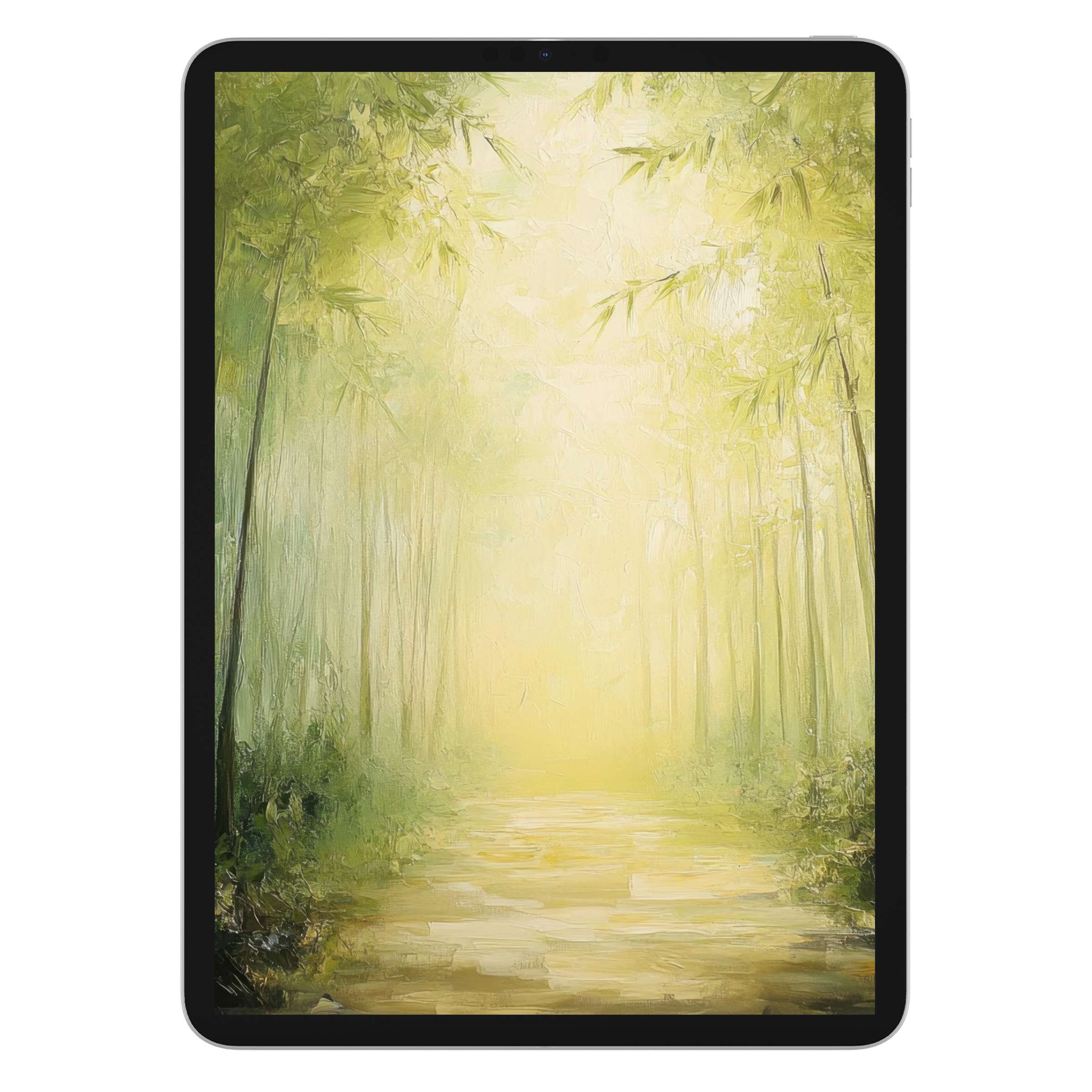 Elegant botanical iPad wallpaper featuring a serene, green forest path in soft light, perfect for tablet digital download background