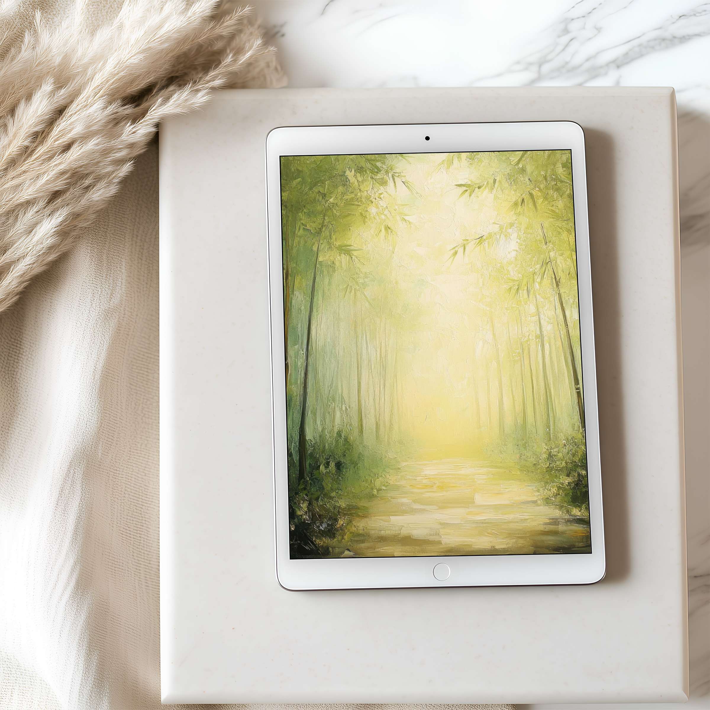 Serene forest pathway tablet wallpaper in soft greens inspires tranquility, perfect for iPad and Android tablets, high-resolution download