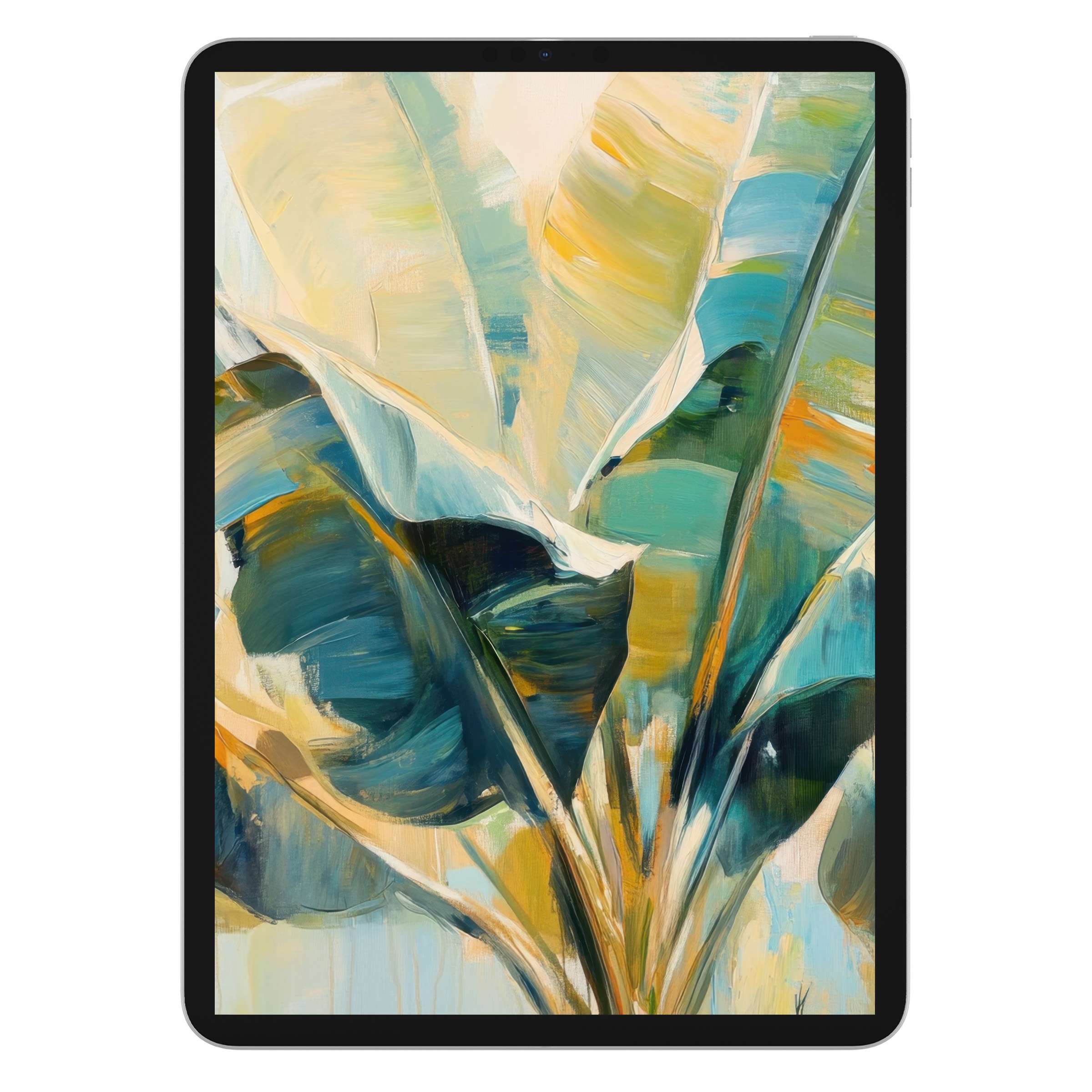 Vibrant botanical iPad wallpaper with abstract green leaves, perfect digital download background for any tablet, inspiring calmness