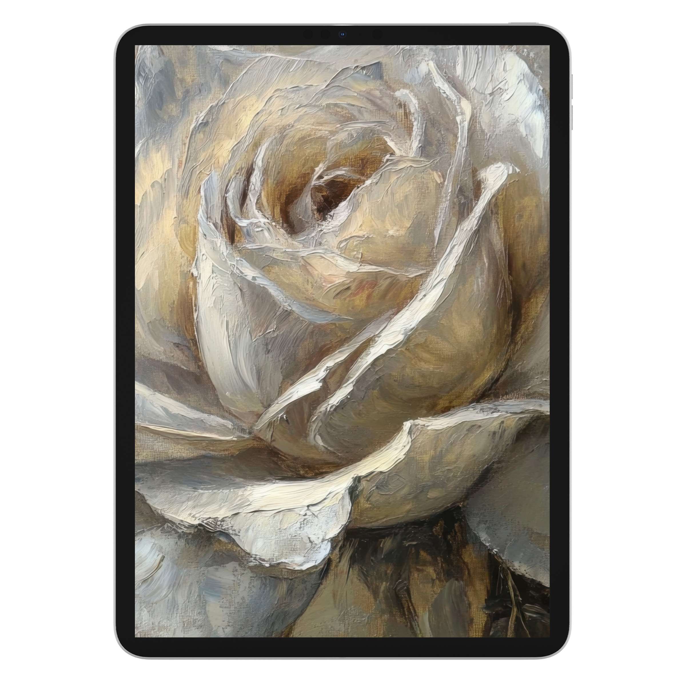 Elegant botanical iPad wallpaper with textured, serene rose painting; perfect digital download for tablet background, enhancing tranquility