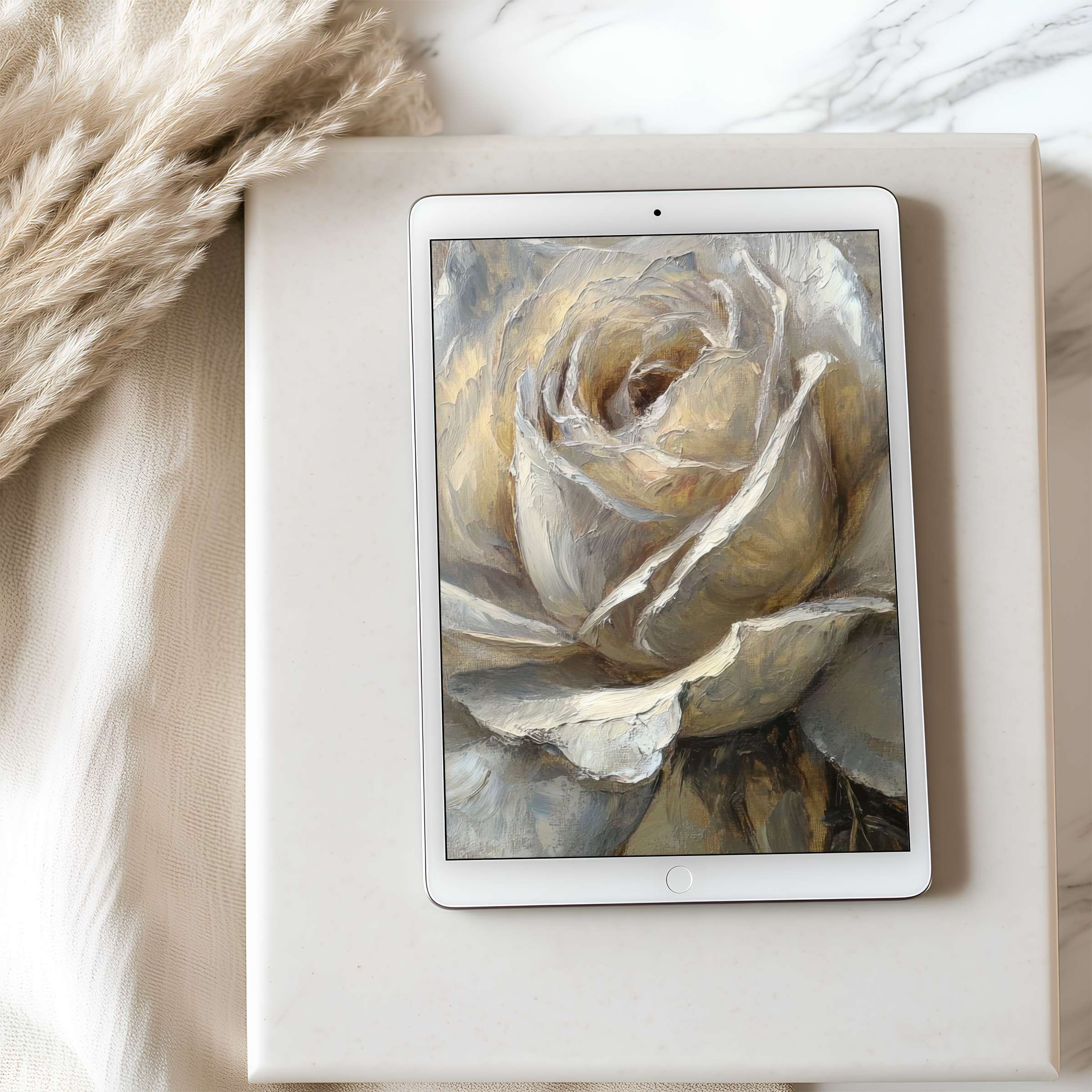 Elegant rose painting as tablet wallpaper on iPad blends neutral tones with immersive detail for calm, sustainable interior aesthetics