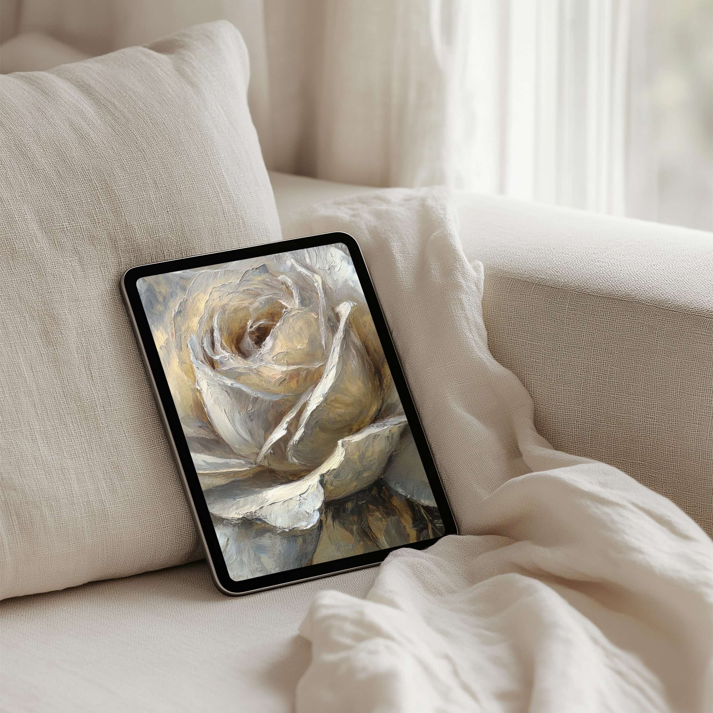 Elegant floral iPad background for instant download enhances tablet displays with serene tones, promoting mindfulness and inspiration