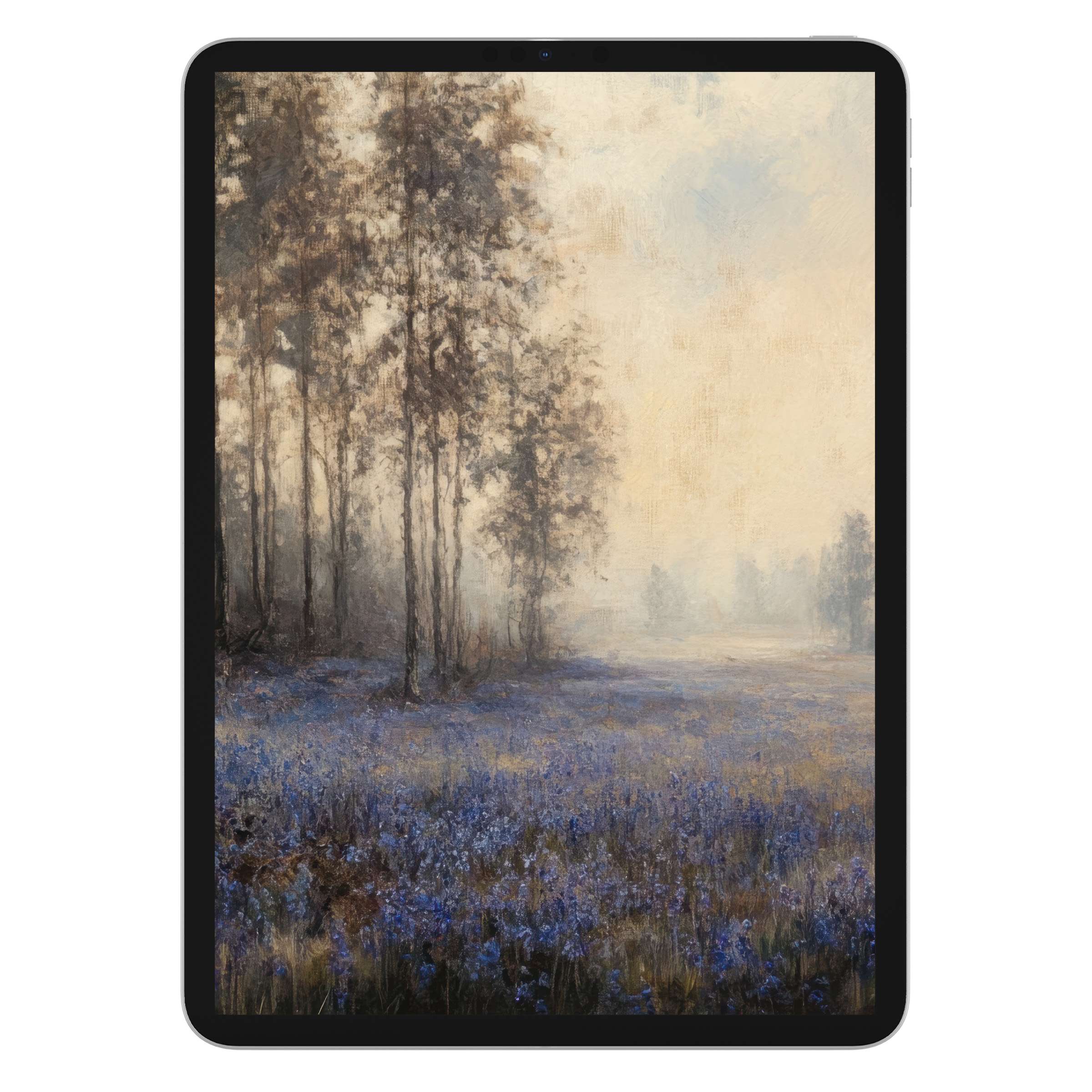 Serene botanical iPad wallpaper with misty forest and lavender field, perfect for a calming tablet background digital download