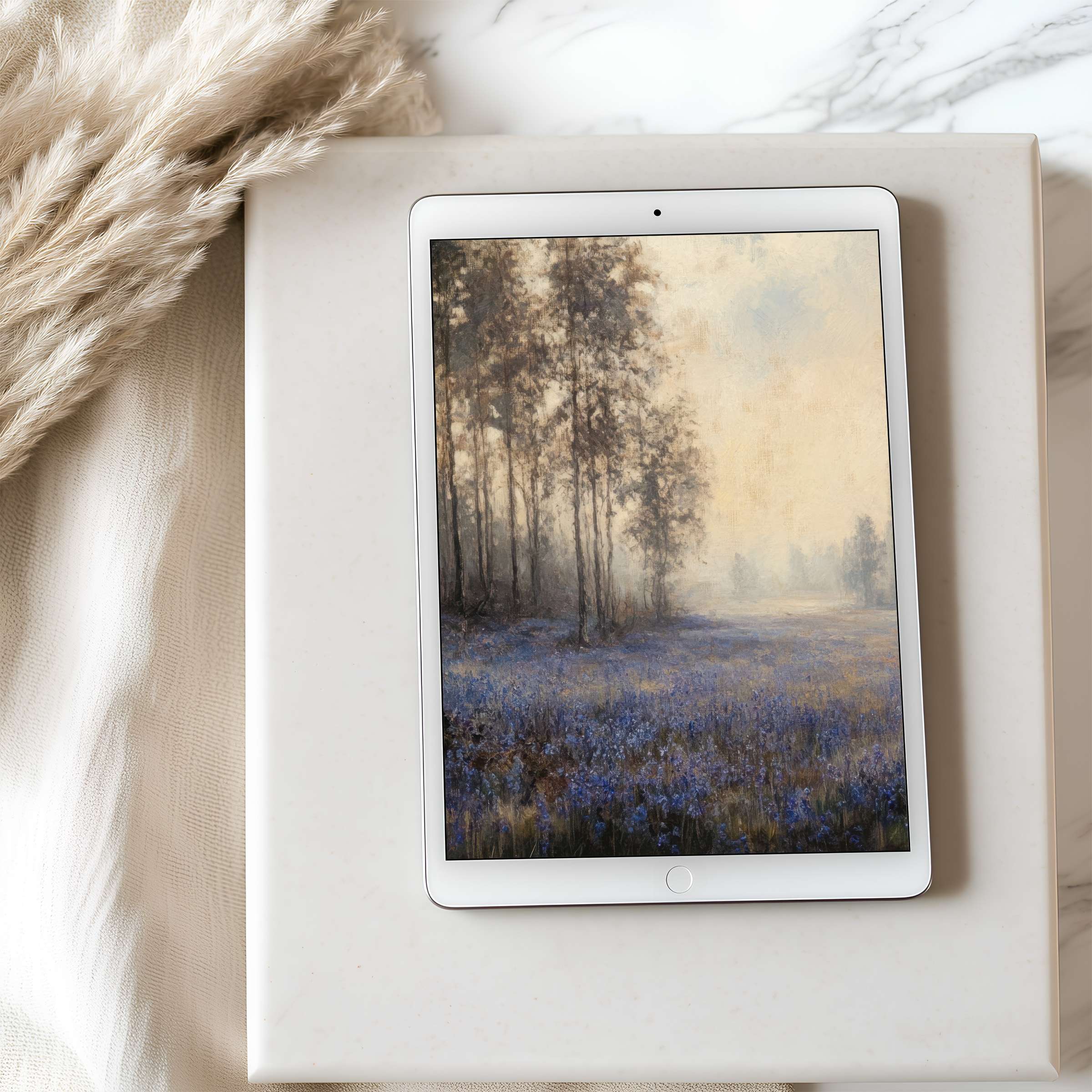 Elegant tablet wallpaper featuring a serene landscape with misty trees and purple fields, ideal for iPad high resolution display