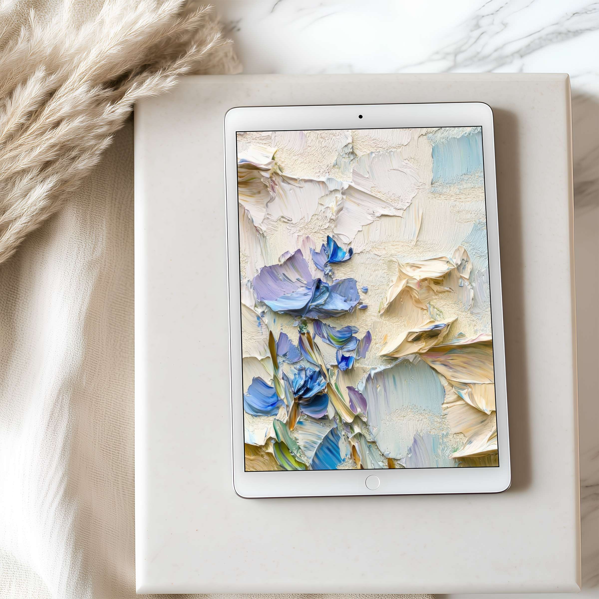 Elegant pastel abstract on tablet wallpaper enhances calm interiors with high-resolution beauty, perfect for digital download on iPad