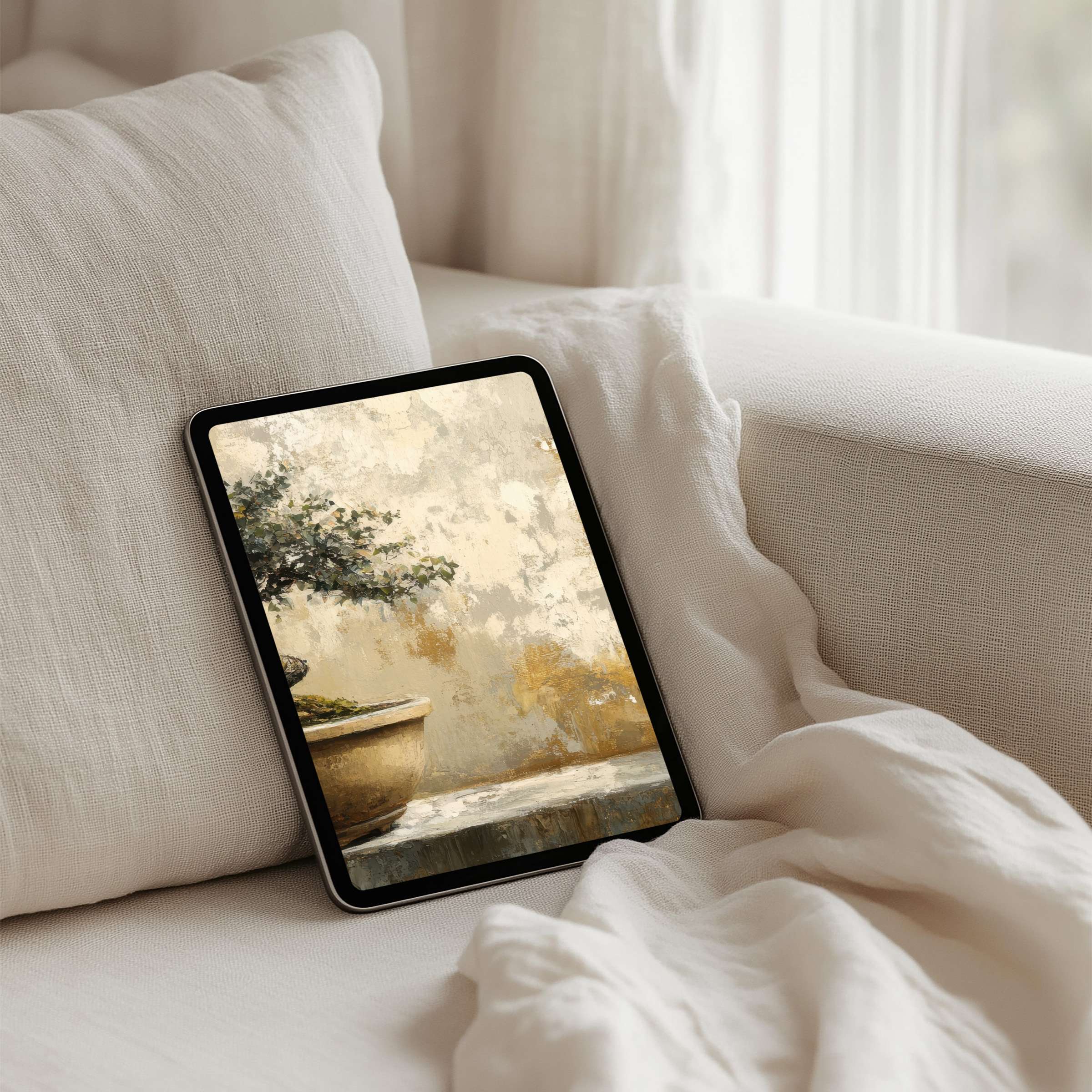 Elegant iPad background showcasing a serene garden painting offers instant download for tablet users seeking calm and inspiration