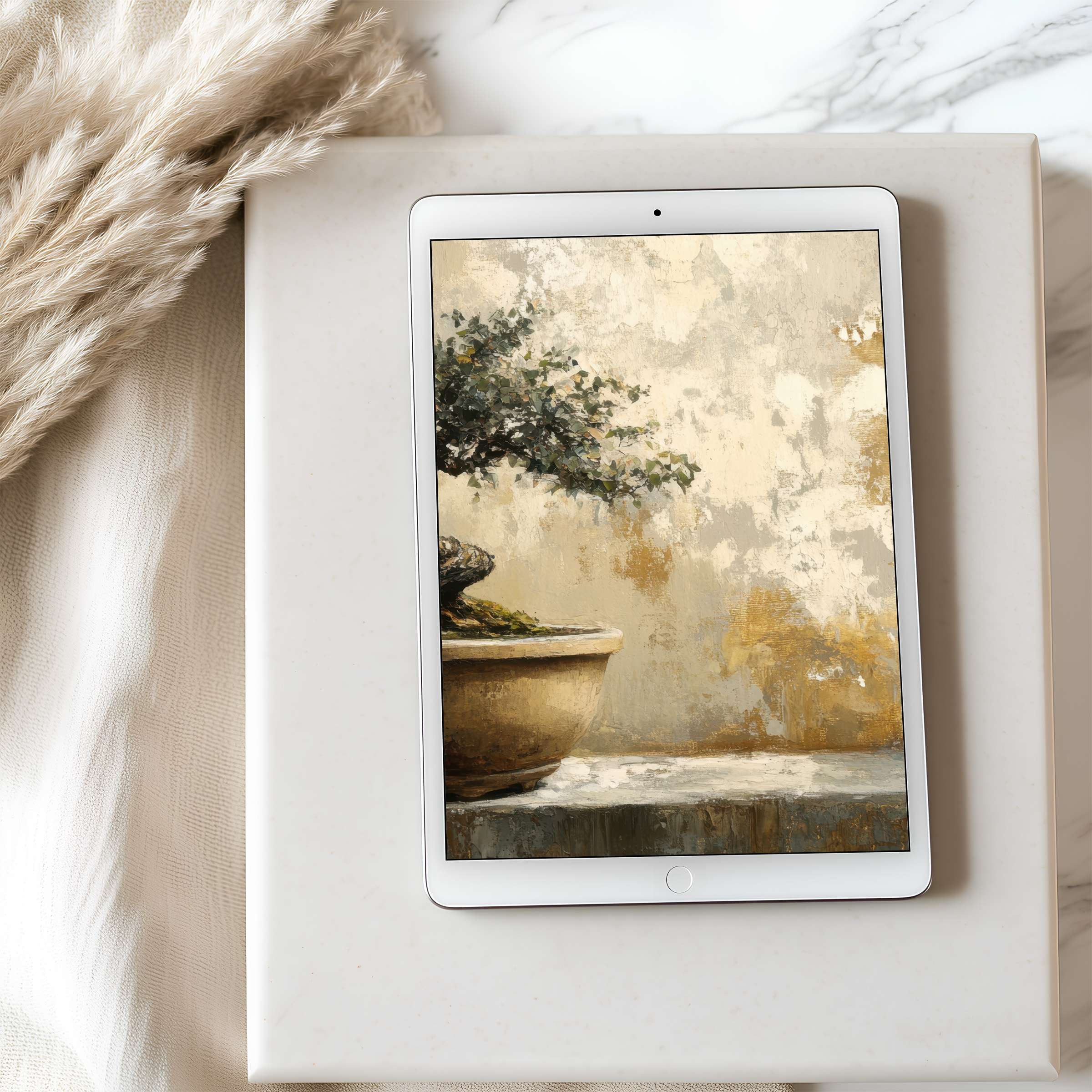 Elegant tablet wallpaper featuring a serene potted bonsai against a textured wall, perfect for high-resolution iPad and Android use