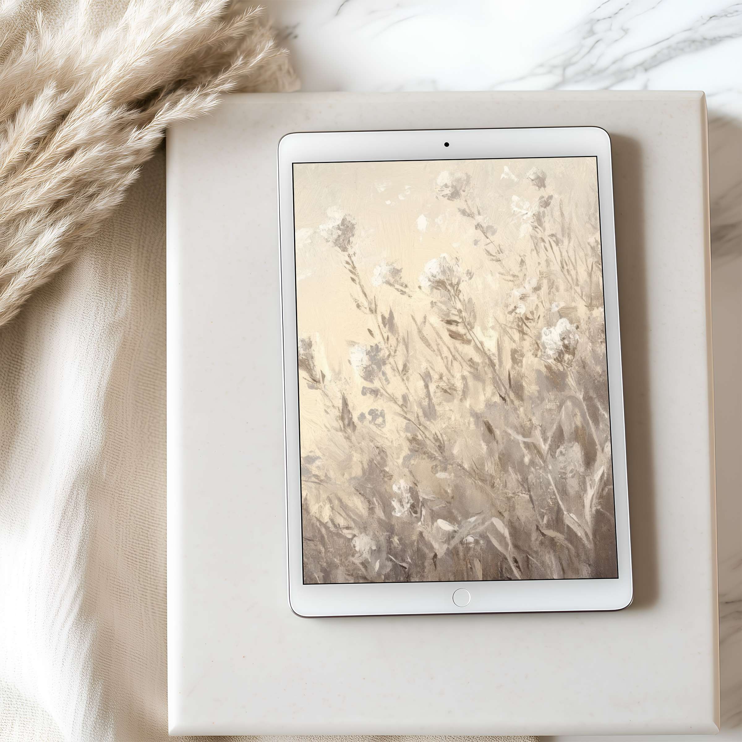 Elegant tablet wallpaper with soft beige floral art offers a tranquil digital download for iPad or Android tablets in high resolution
