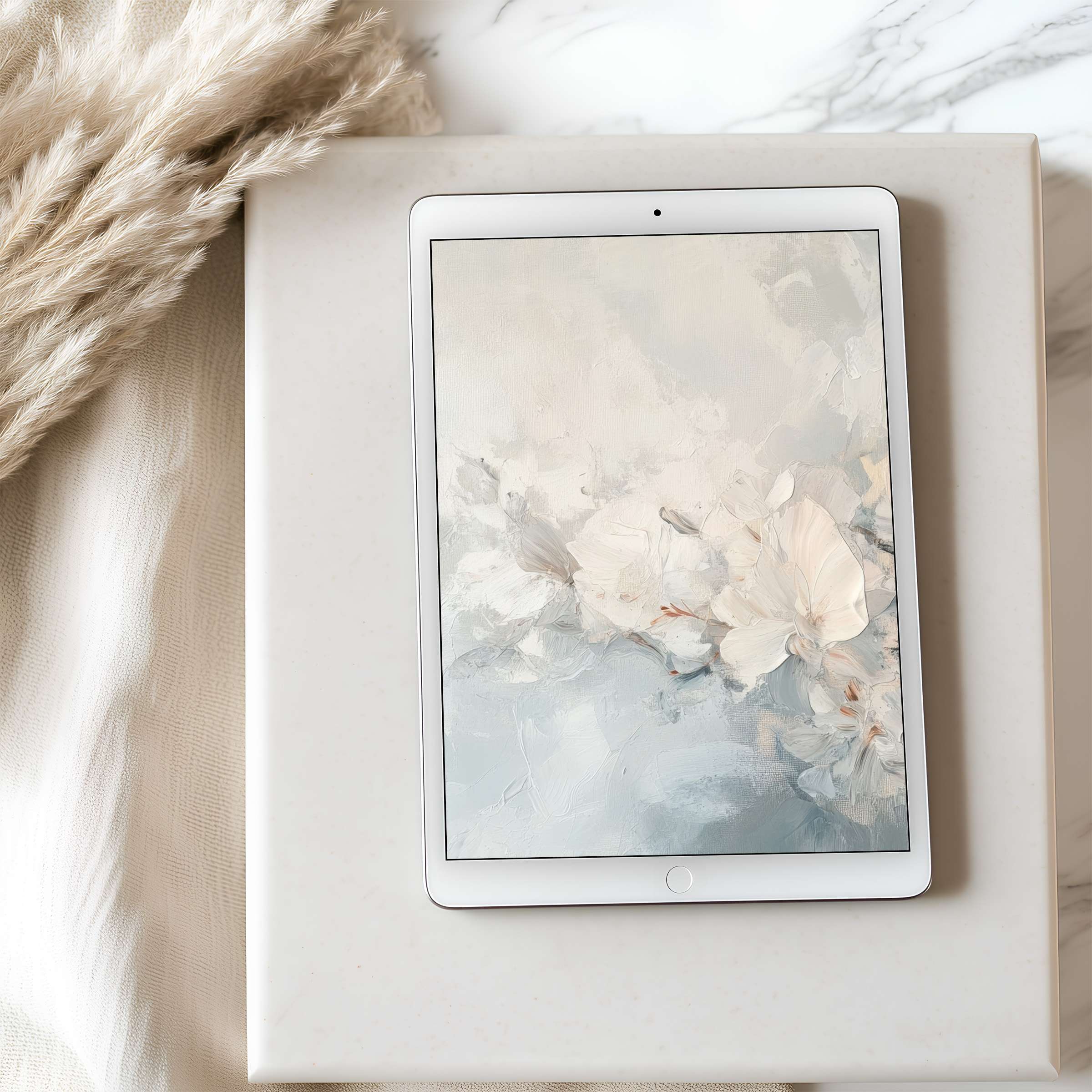 Elegant high resolution floral abstract tablet wallpaper in soothing pastel tones, perfect for iPad or Android tablet digital download