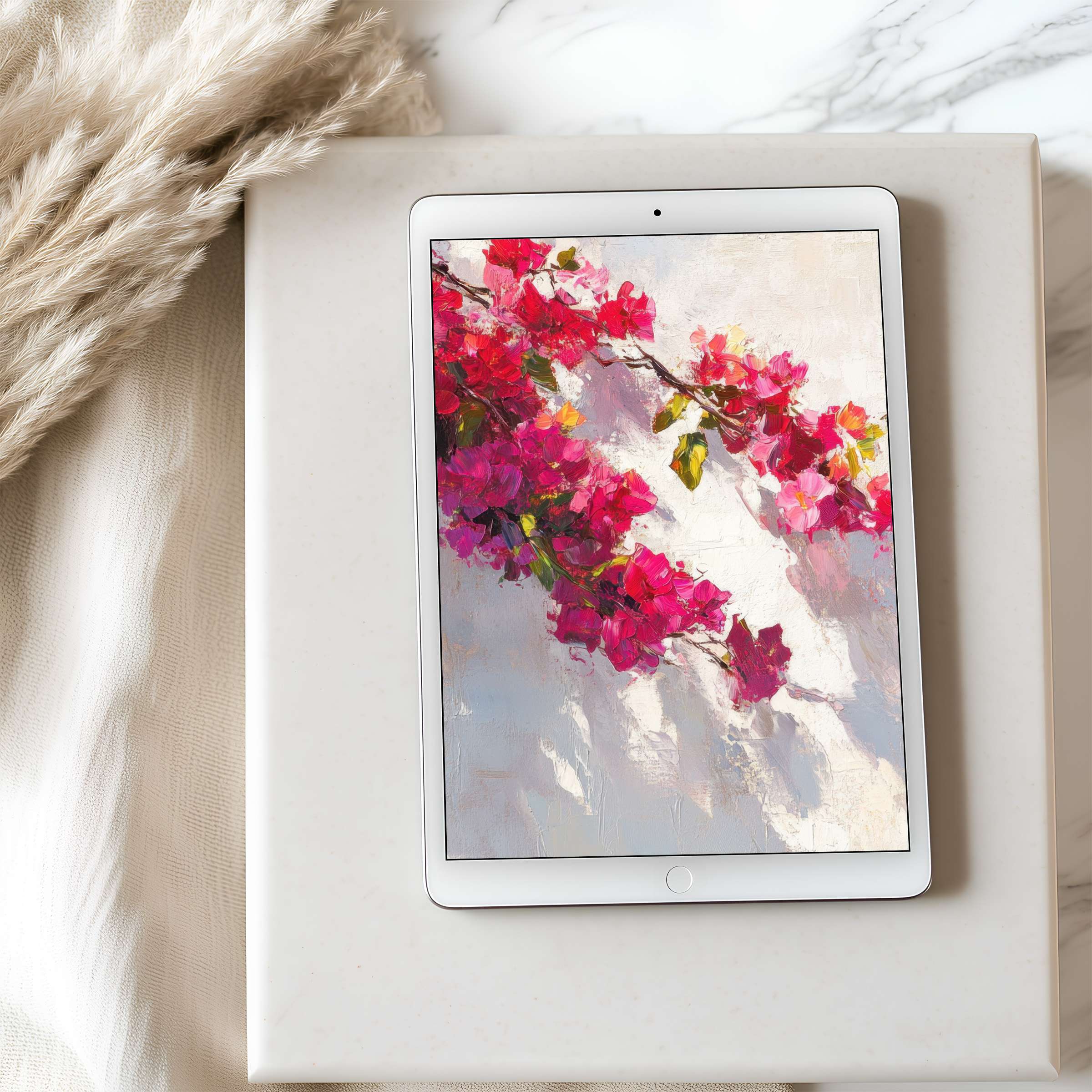 Elegant tablet wallpaper featuring vibrant pink blossoms, ideal for iPad or Android tablets, adding serene beauty and aesthetic harmony