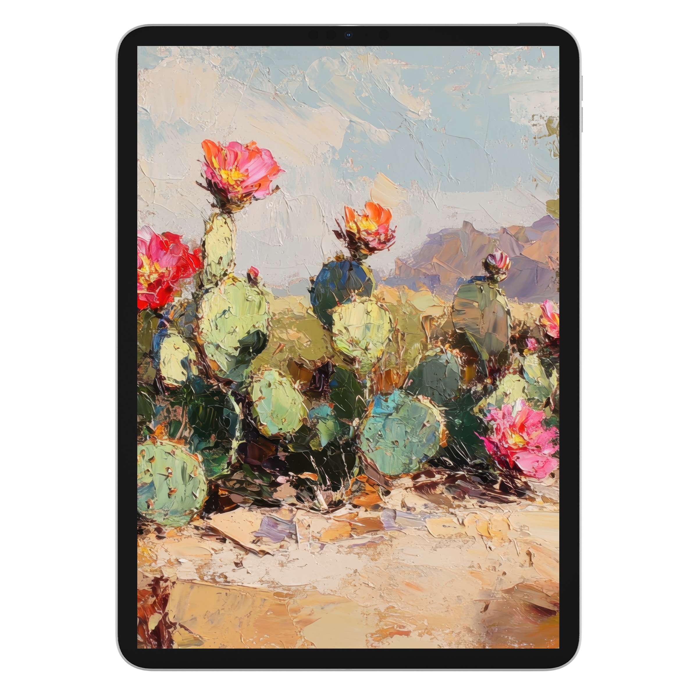 Impressionistic desert scene with cacti blooms as a digital download, perfect botanical iPad wallpaper and tranquil tablet background